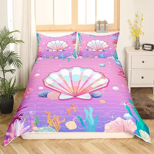 Miniatura 3 de Juego de ropa de cama de concha de perla, funda de edredón de medusa de estrella de mar para niñas, mujeres y niños, funda de edredón colorida de