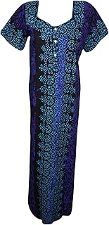 Mogul Interior Womens Caftan Maxi Dress Cotton Nightwear Blue Batik Printed House Dresses L