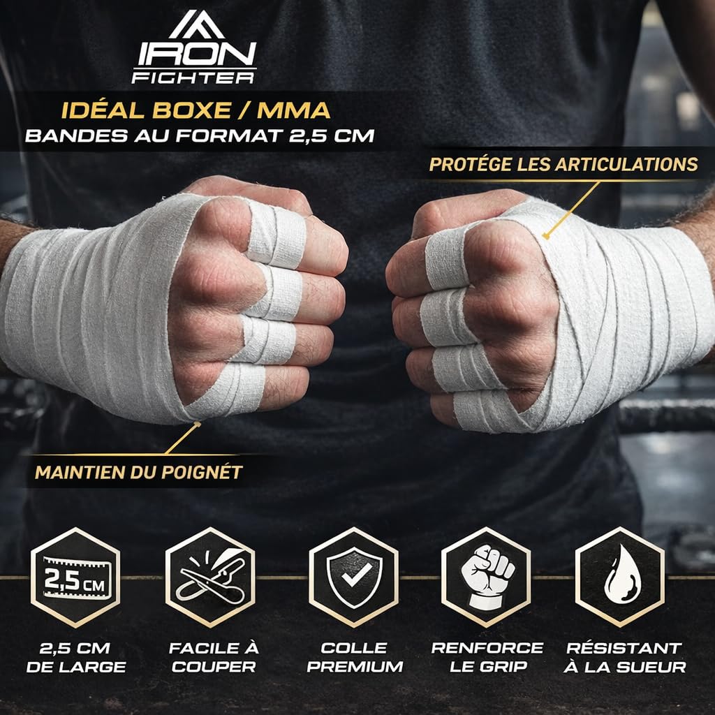 1X Bande de Strapping Rigide 2,5cm x 13,7m - Boxe - MMA - JJB - Escalade - CrossFit - Musculation Pour Poignet, Cheville, Main, Coude - Ruban Adhésif Sport Blanc - 4