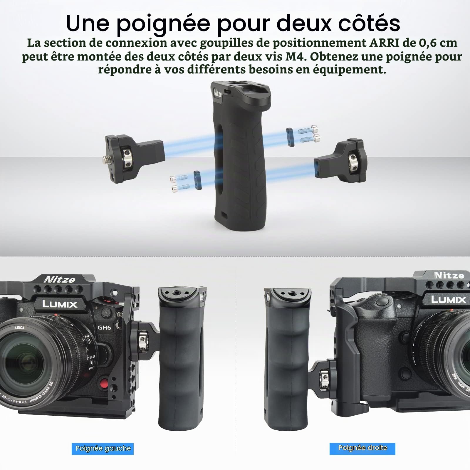 Nitze Ergonomique Poignée Latérale avec vis 1/4" et Goupilles de Positionnement Amovibles,Side Handle pour Main Gauche ou Droite, Réglable vers Le Haut et vers Le Bas - PA29D