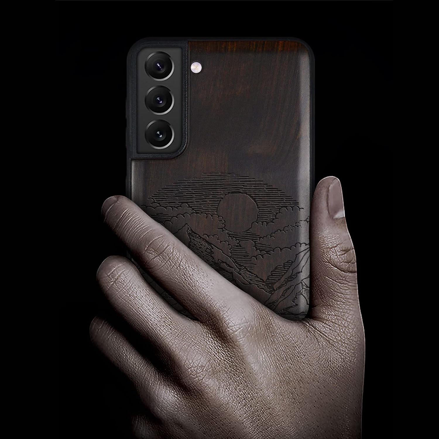 Carveit Wood Case for Galaxy S21 FE Case [Natural Wood & Soft TPU] Shockproof Hybrid Protective Unique Wooden Cover Compatible with Samsung S21 FE 5G (Alpine Lake Carving-Blackwood)