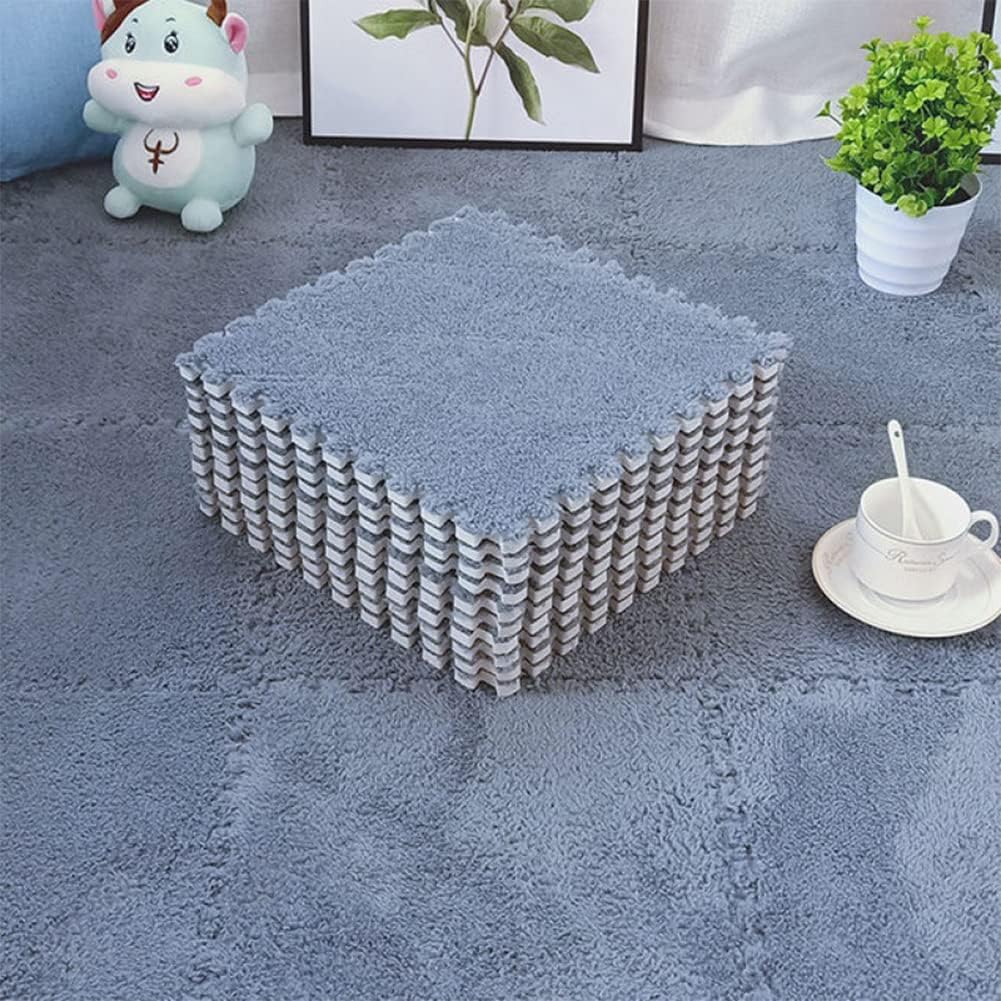 Soft Interlocking Foam Floor Mats for Kids - and Fluffy Square Tiles with 3-Color Splicing and Border 12Pcs PureGray