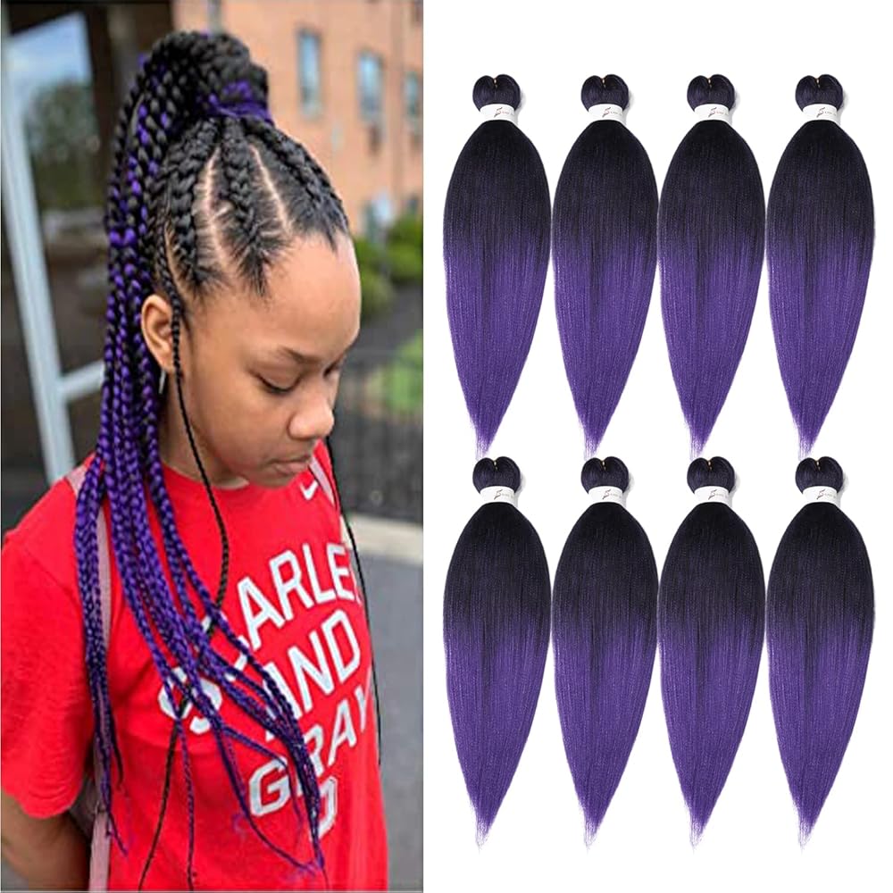 Pre Stretched Braiding Hair, 20 inch Braiding Hair, 8 Packs Soft Yaki Texture,No Itch, Hot Water Setting Synthetic Hair Extensions for Braids (20in,1B/Purple)