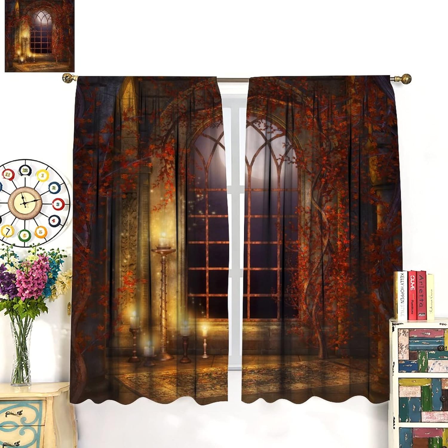 Gothic Curtains,Romantic Autumn Maple Vine Medieval Castle Arch Vintage Theme Rod Sleeves Window Drapes for Living Room Bedroom Bathroom Decor W84xL84in