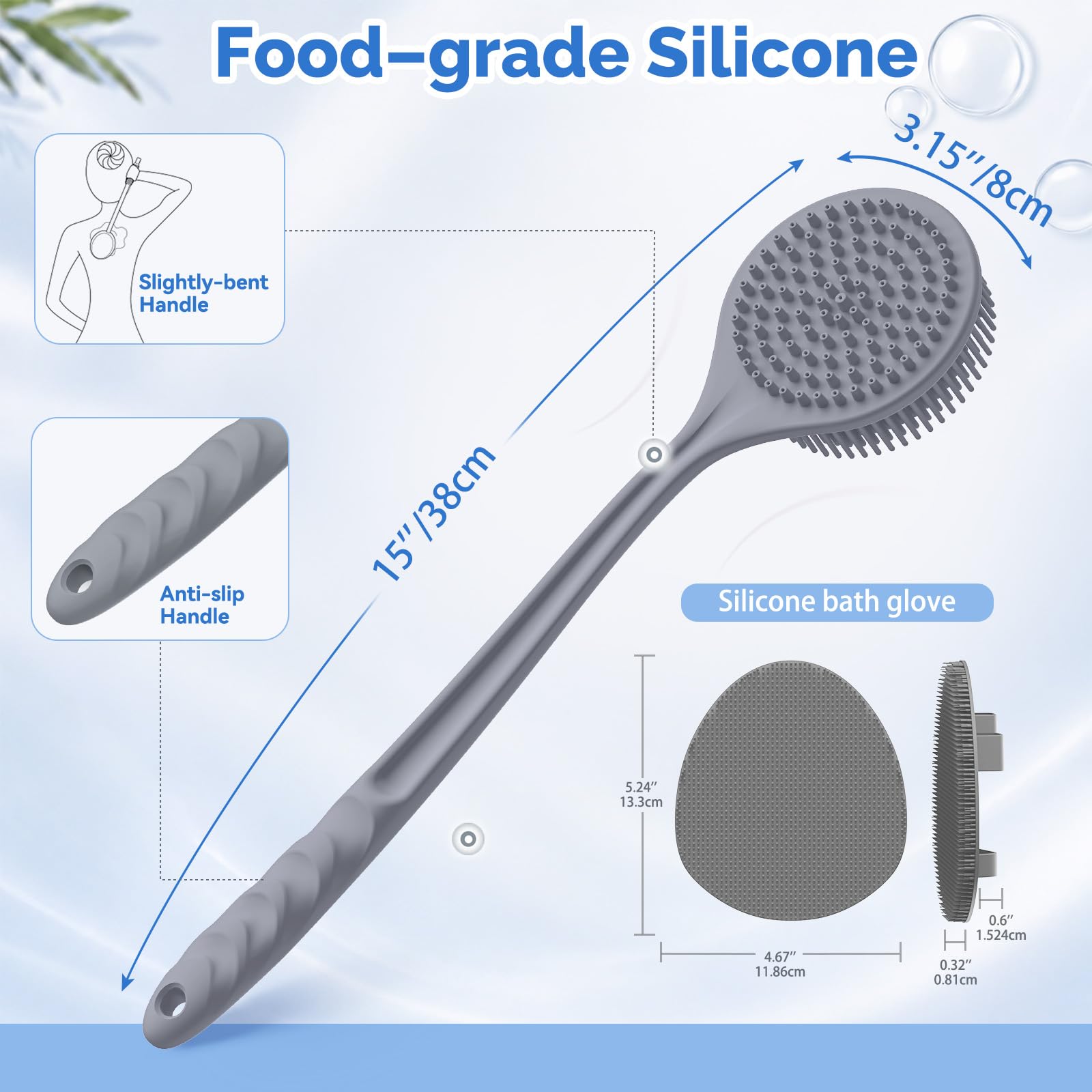 Manmihealth Set di spazzole per la schiena in silicone (setole sottili) e morbido guanto da bagno per il viso, scrub super esfoliante per il corpo e spazzola da doccia super schiuma per il viso, con
