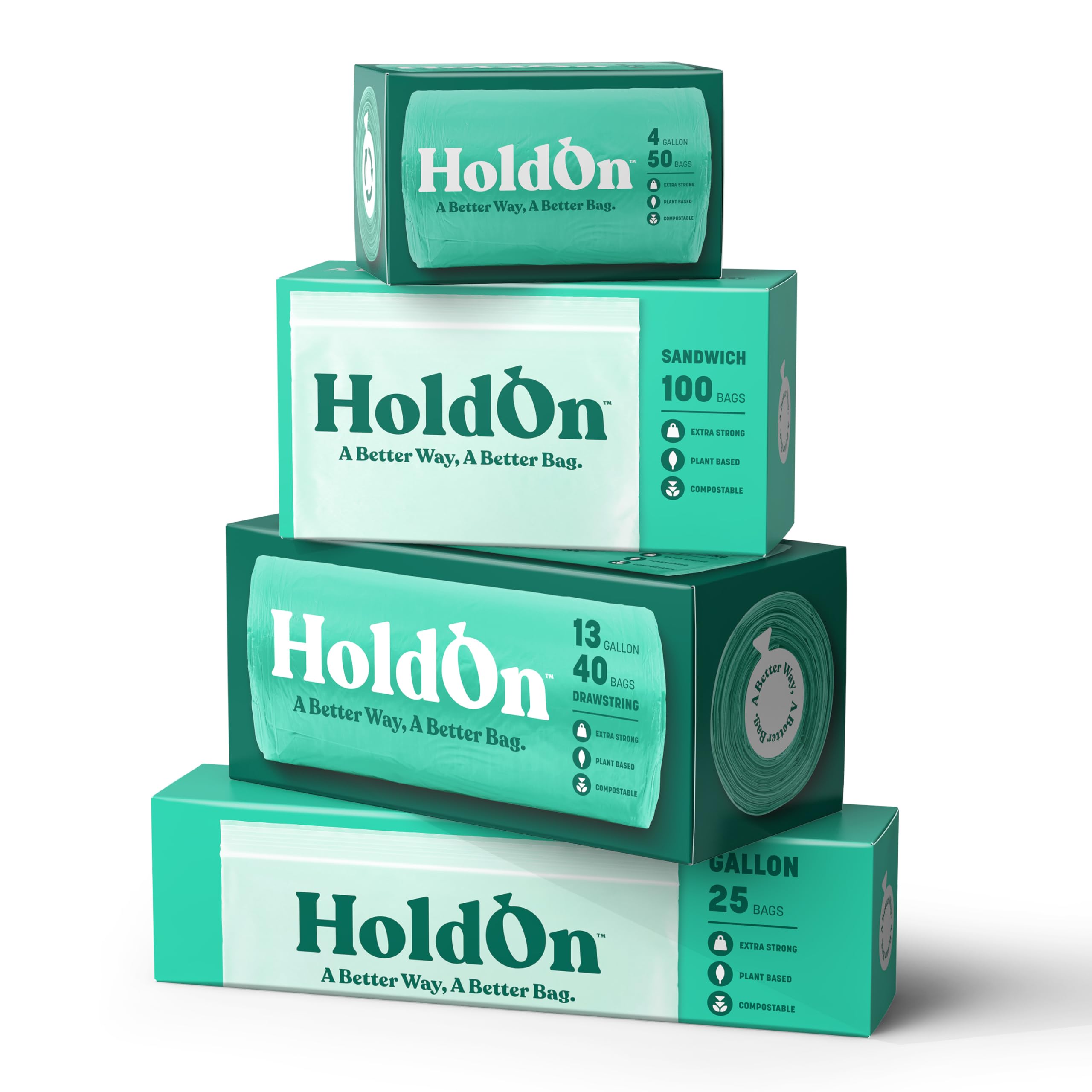 HoldOn Household Staples Set – Heavy duty, PFOA-Free, Compostable 13-Gallon Tall Kitchen Trash Bags, 4-Gallon Small Trash Bags, Gallon ZipSeal Bags