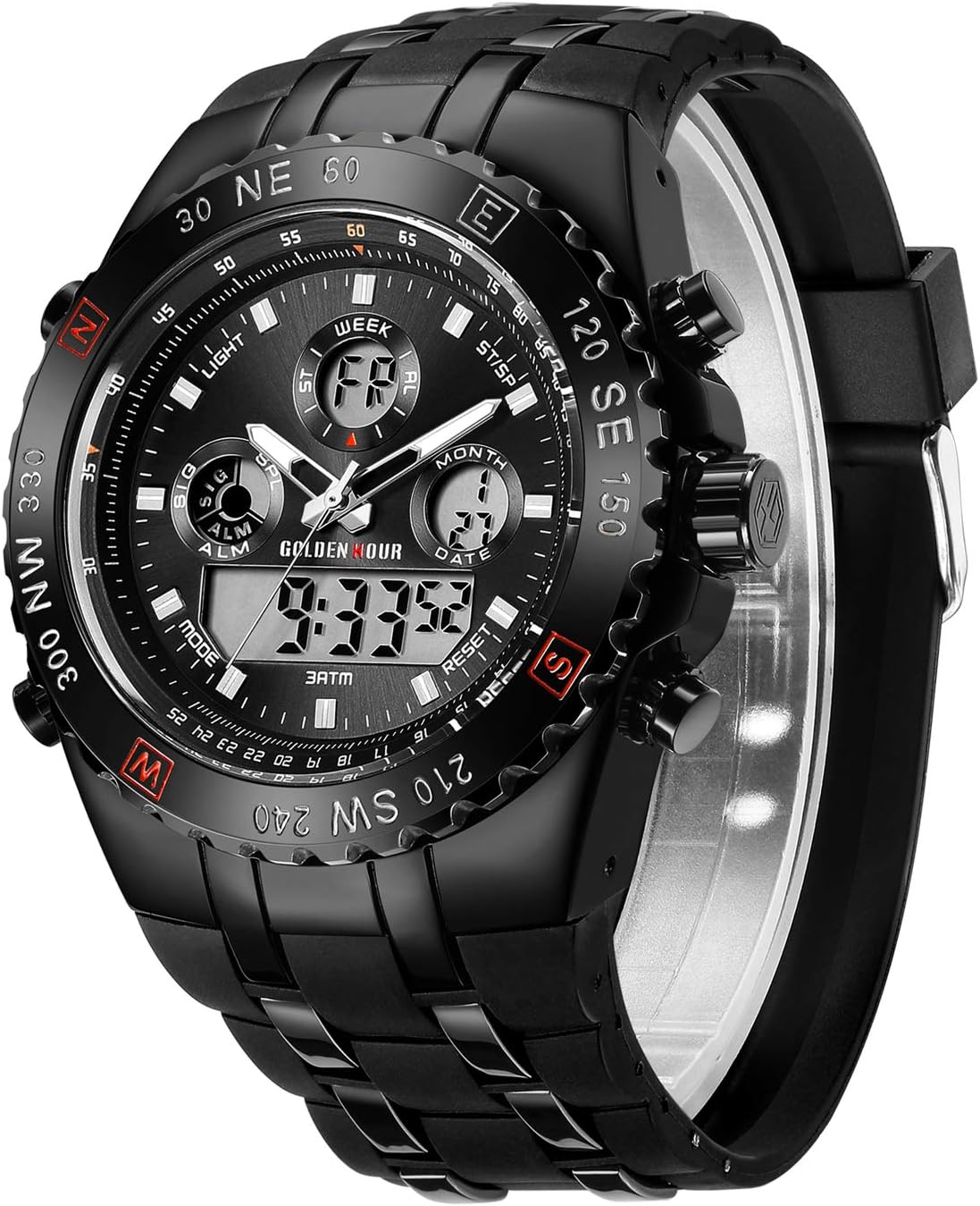 Luxury Military Sports Men's Watches Large Size Big Face 3ATM Waterproof, Stopwatch, Date and Date, Alarm, Luminous Digital Analog Wrist Watch with Rubber Band