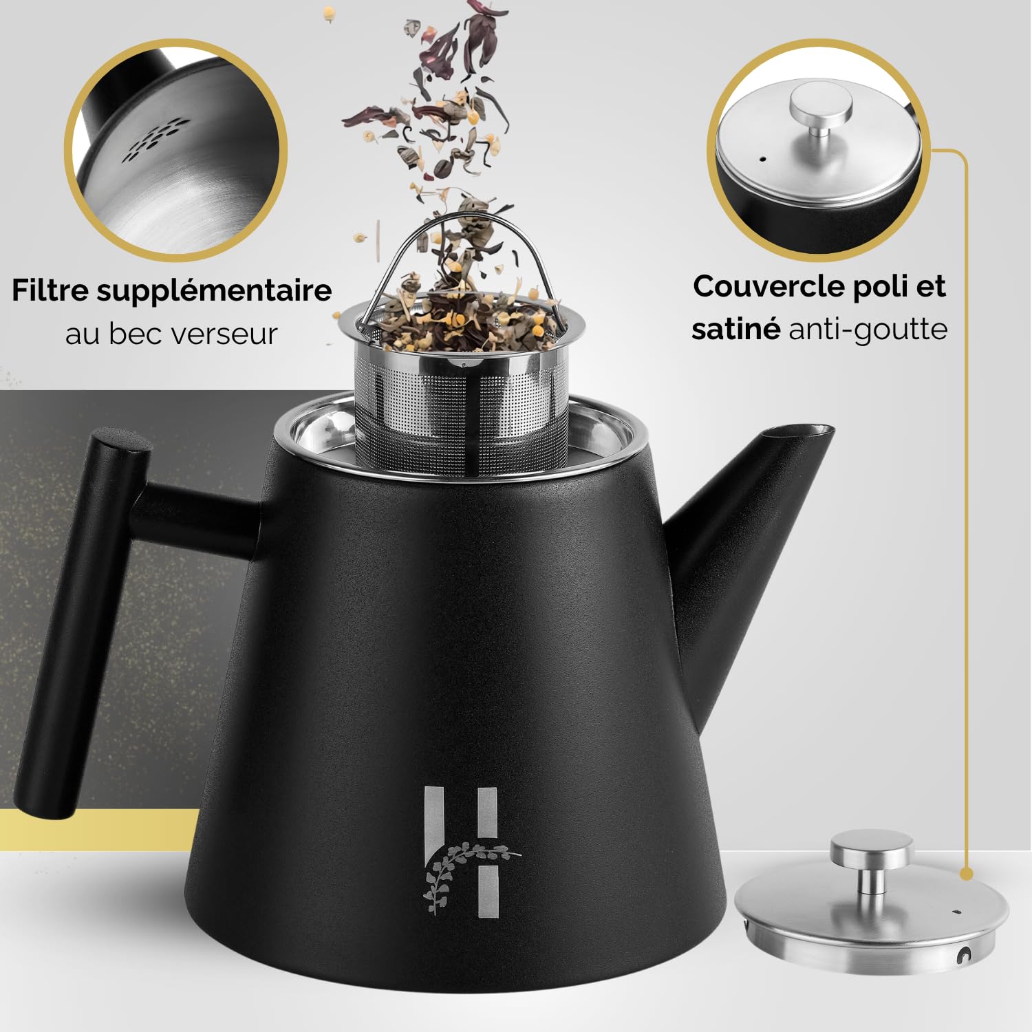 Théière isotherme Hanamura avec infuseur - en acier inoxydable à double paroi 1L - noire moderne pour thé et tisane