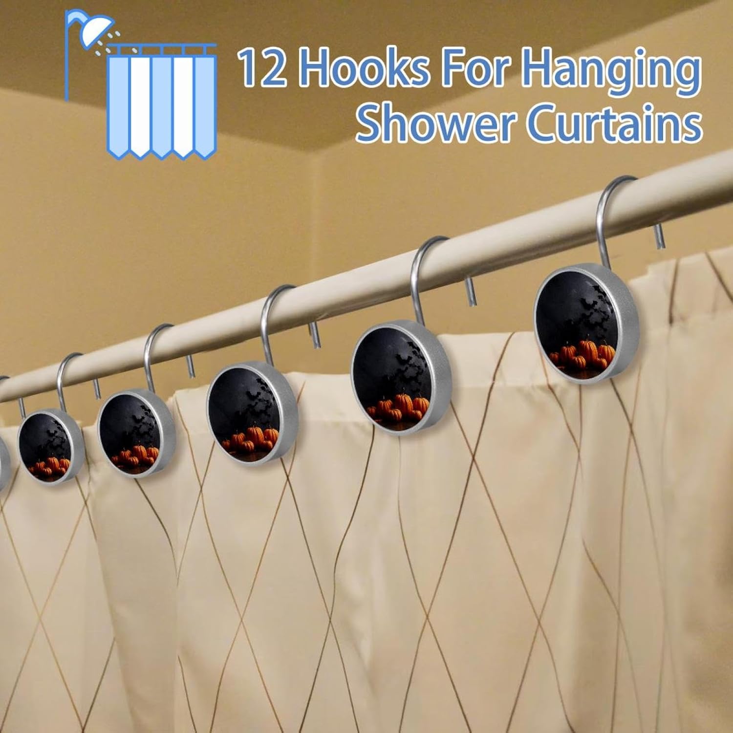 12PCS Orange Pumpkins Bats Shower Curtain Hooks Metal Rust Resistant Decorative Shower Curtain Hooks Bathroom Decorations