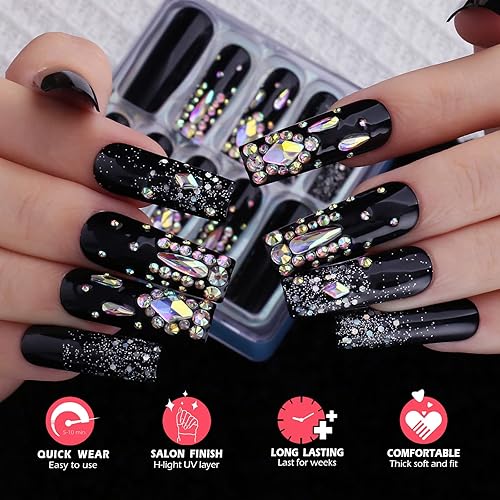 Miniatura 3 de MqpQ Uñas postizas negras a presión, cuadradas largas, con diamantes de imitación de lujo, diseño de purpurina, acabado UV, uñas postizas de