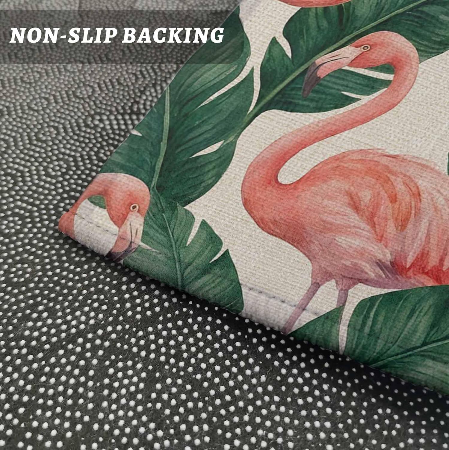 Teamery Kitchen Mats for Floor Pink Flamingo Palm Leaves Washable Non Slip Kitchen Rugs 1PCS, Watercolor Animal Plant on Linen Absorbent Standing Mats for Sink Bathroom Office Living Room 15.7x47.2in