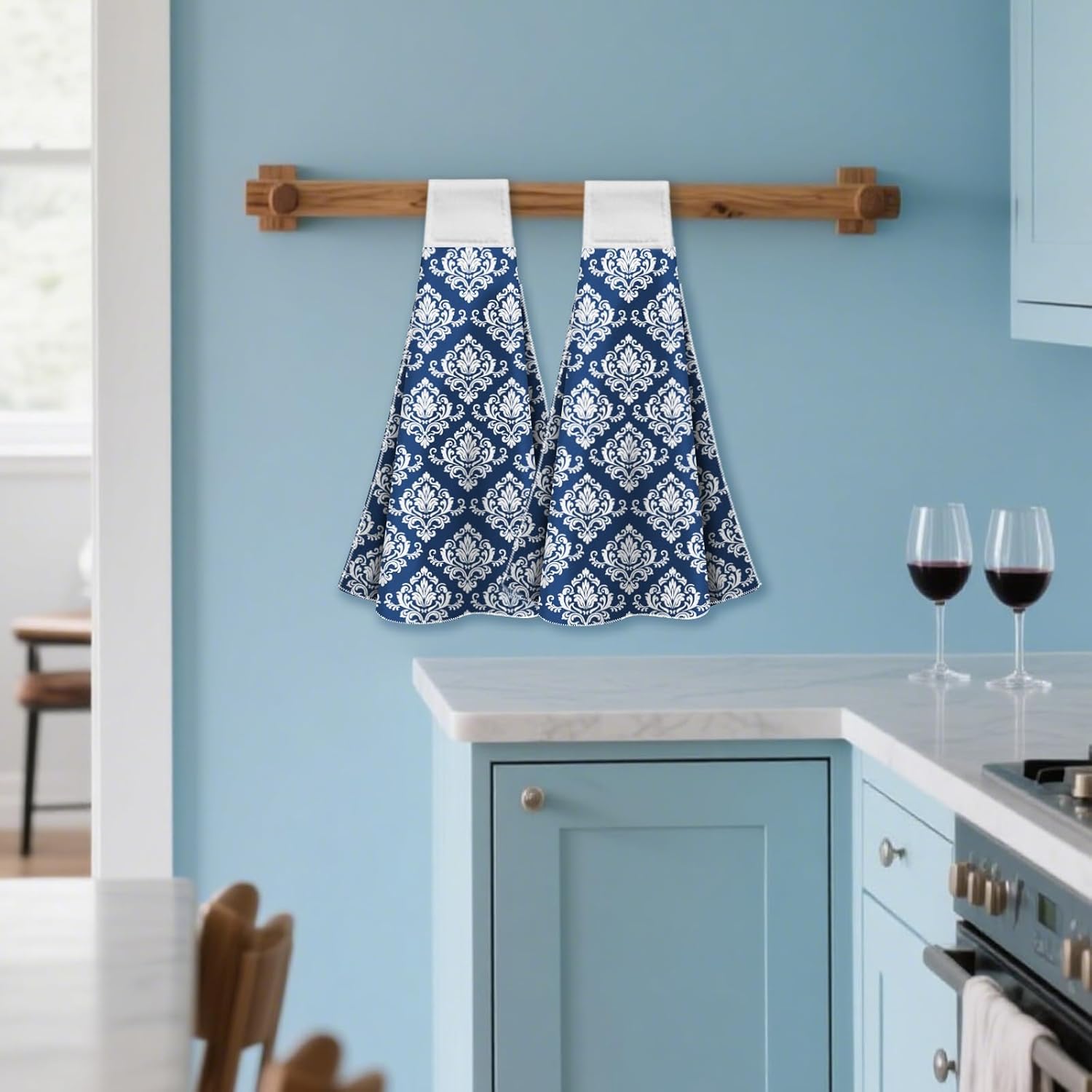 CUTHOLLOW Blue Retro Damask Hanging Kitchen Towels with Loop, Set of 2 - Soft & Super Absorbent Microfiber Decorative Hanging Dish & Hand Towel, Tea, Coffee Towel for Kitchen Bathroom Oven Handle - Image 6