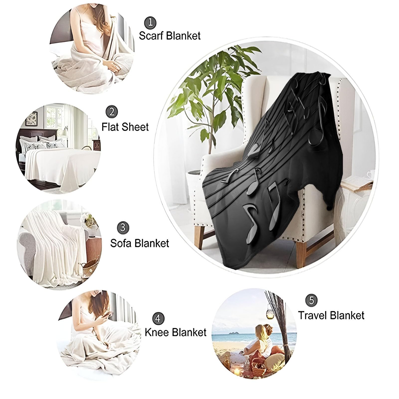 Manta de franela con diseño de música y notas musicales, rayas espectrales, símbolos, manta polar franela, suave y caliente, color negro, para niños, adultos, regalo para amigos, familia, sofá cama