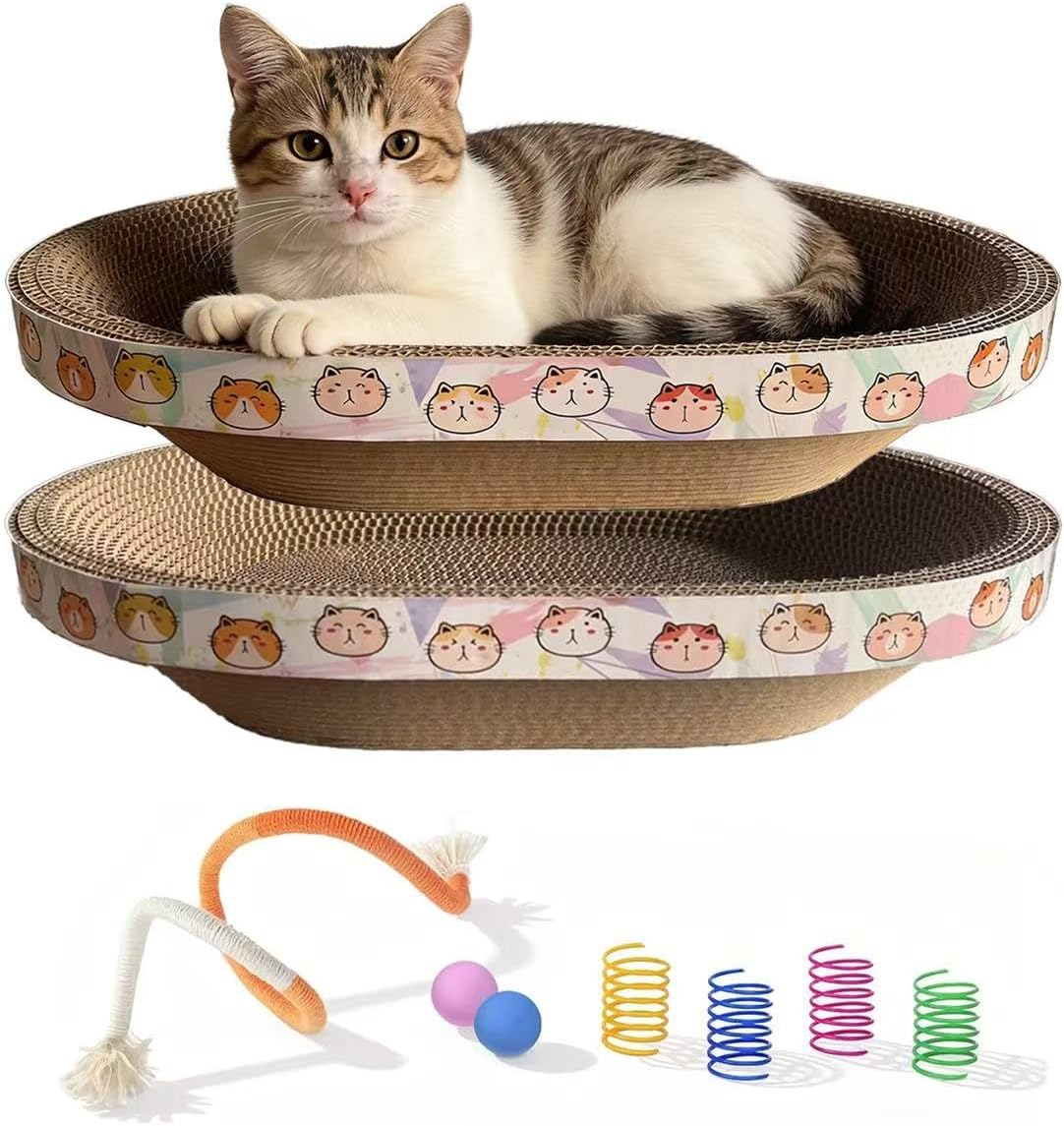 2PCS Cat Cardboard Scratcher with Toys, Oval 16.7" x 12.8" Kitty Scratching Board for Indoor Kitten Play Scratch Bed Sofa Furniture Protector