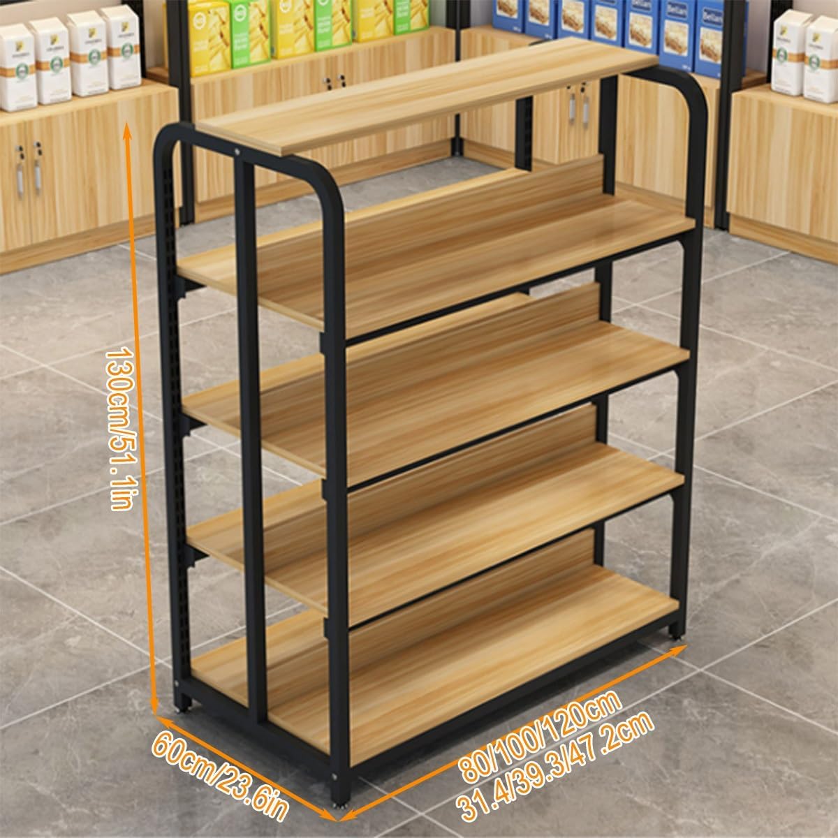 4-Tier Gondola Shelving Unit - Zinc Steel Frame & E1 Wood Shelves, Store Display Gondola Shelving Tool-Free Assembly Retail Display Rack for Supermarket Store(100 * 130cm/39.4 * 51.1in)