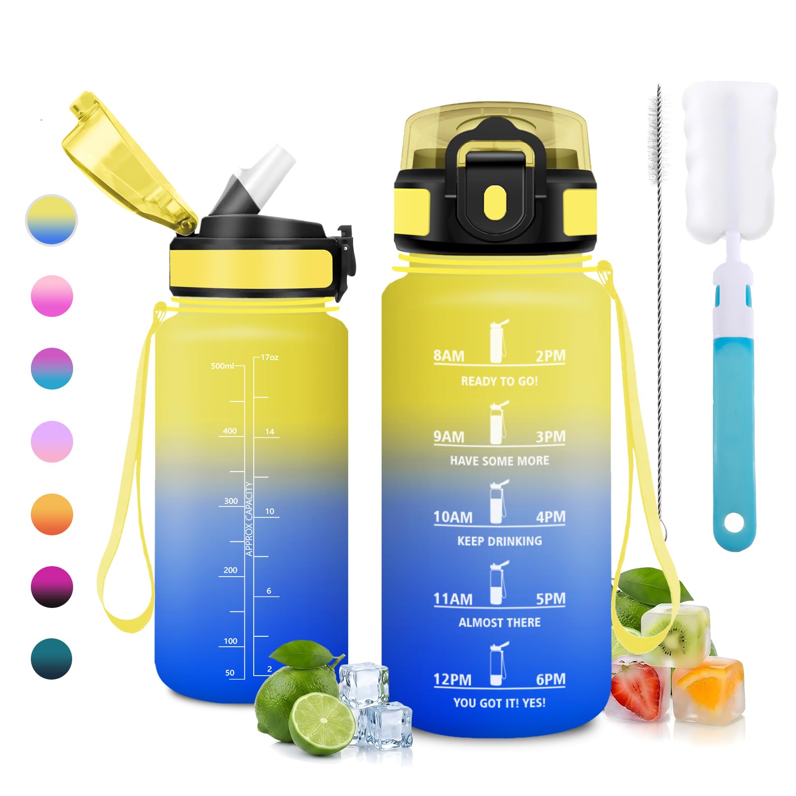 JAPORIA 500ml Water Bottle with Straw, BPA Free, Leak Proof, Water Bottle with Time Markers, Water Bottles for Hiking, Outdoor, School