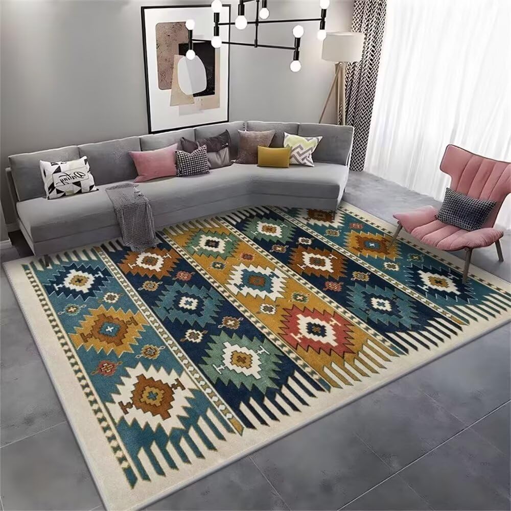 Tapis bleu géométrique rétro à poil court 120x160cm de chambre salon