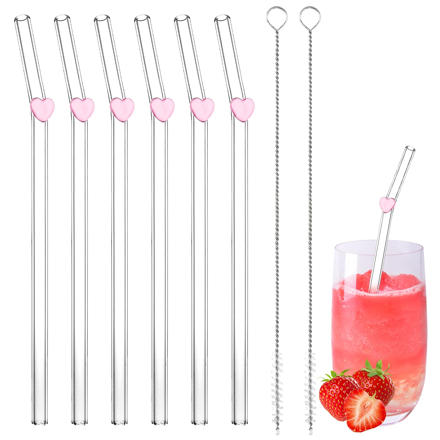 6 PCS Glass Straws with Different Charms, Cute Reusable Straws with 2 PCS Cleaning Brush