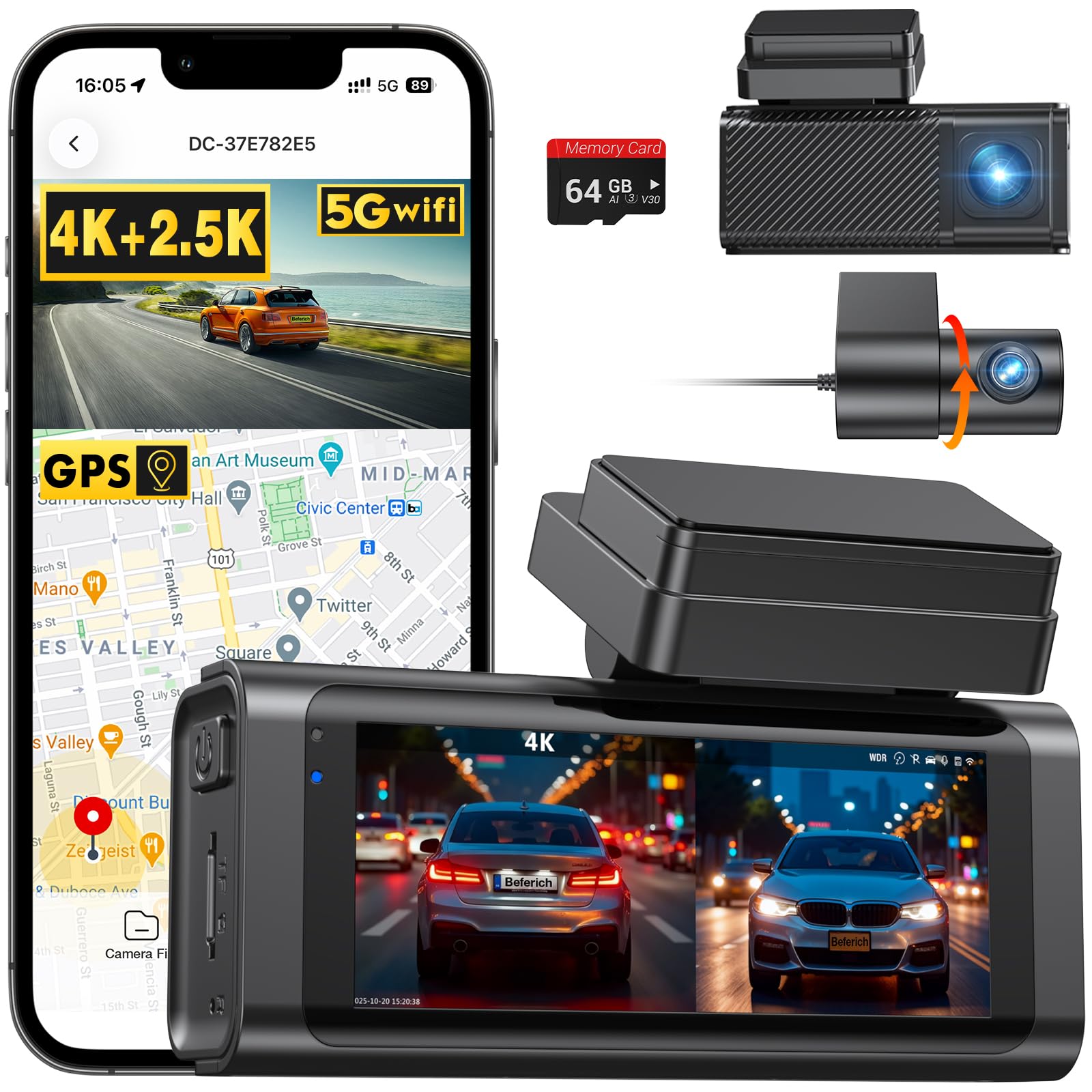 4K Front & 2,5K Heck Dashcam mit 5G WiFi & GPS, 3,16" IPS Display, G-Sensor, Loop-Aufnahme, 24h Parküberwachung, Zeitraffer, inkl. 64GB Karte (bis 256GB erweiterbar) – Dual-Kamera fürs Auto