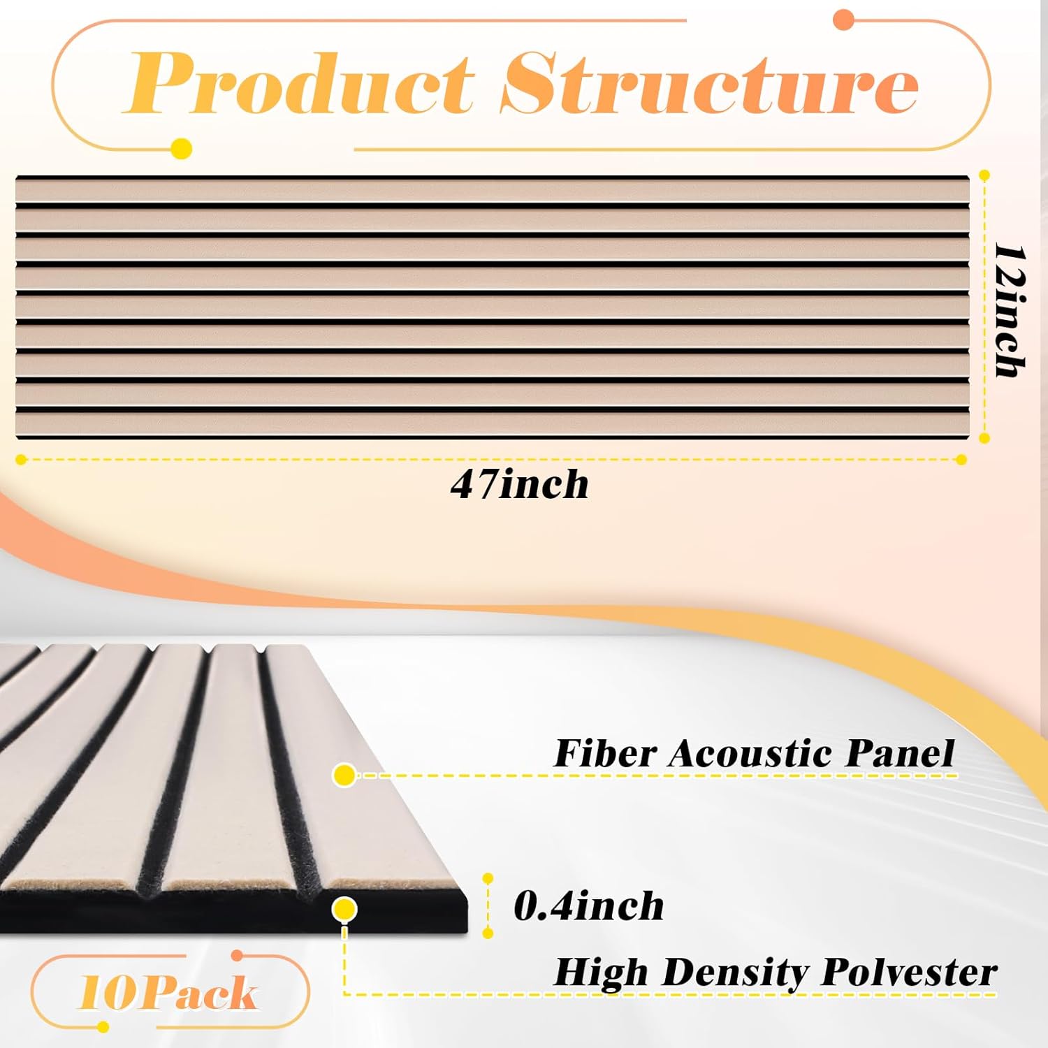 10 pack large acoustical wall panels, sound proof panels for wall, 47 x 12 x 0.4 inches self-adhesive acoustical soundproof panels,acoustic treatment for home office recording studio camel