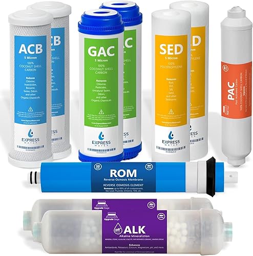Express Water Juego de filtros de repuesto para sistema de ósmosis inversa alcalina de 1 año - 10 filtros con membrana RO de 50 GPD - Filtros de