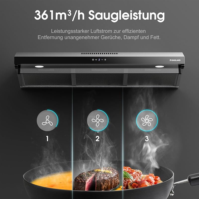 GASLAND UC90SS Páraelszívó 90cm - Rozsdamentes Acél, Dupla Motoros, 361m³/h, 3 Fokozatú Érintésvezérlés, Fali vagy Pult Alá Szerelhető, LED 