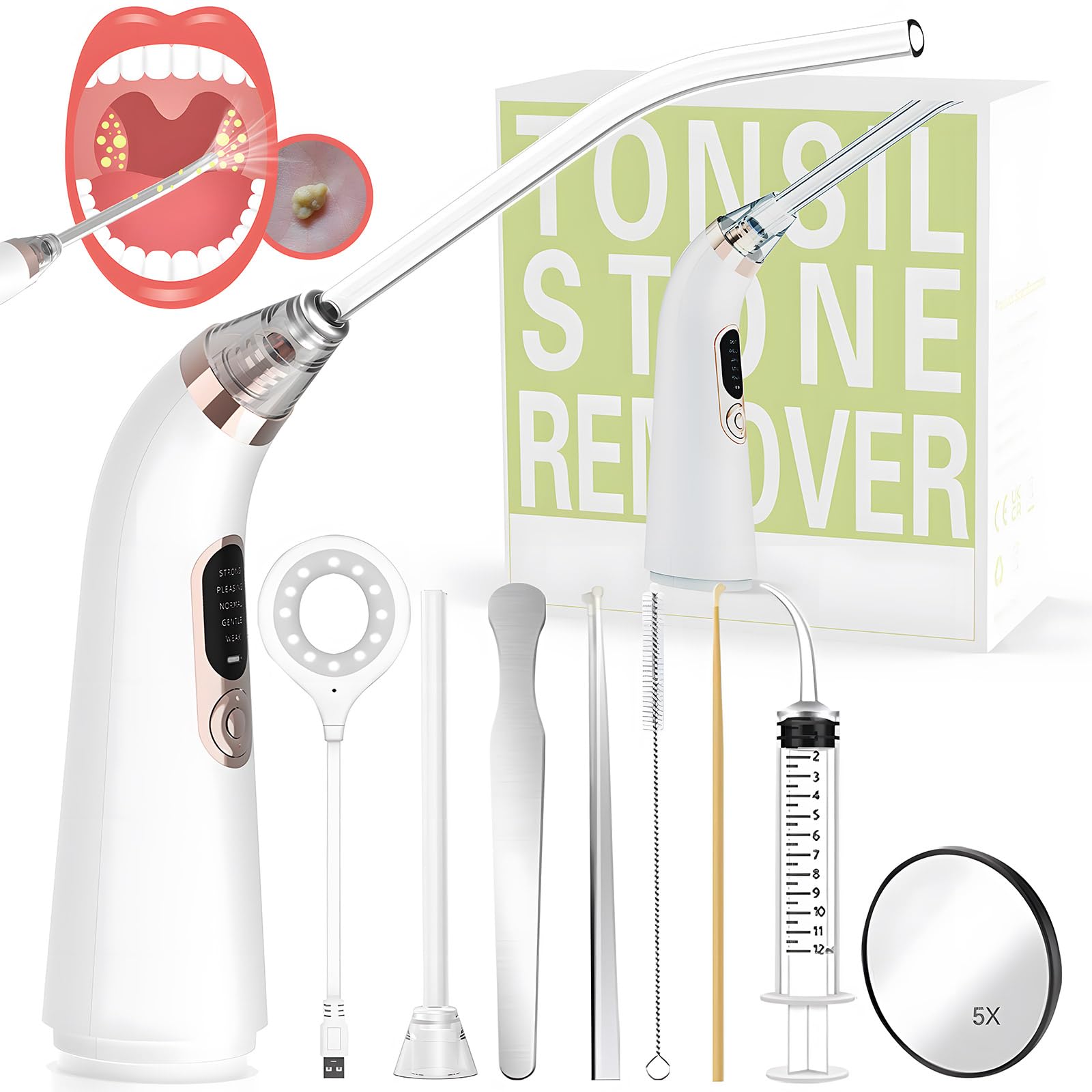 Voraiya Electronic Tonsil Stone Remover Vacuum,10 in 1 Tonsil Stone Removal Kit, 5 Modes Tonsil Stone Cleaner Instant Suction Tool, Easy to Use, Fight Bad Breath, Mouth Cleaning Oral Care (White)