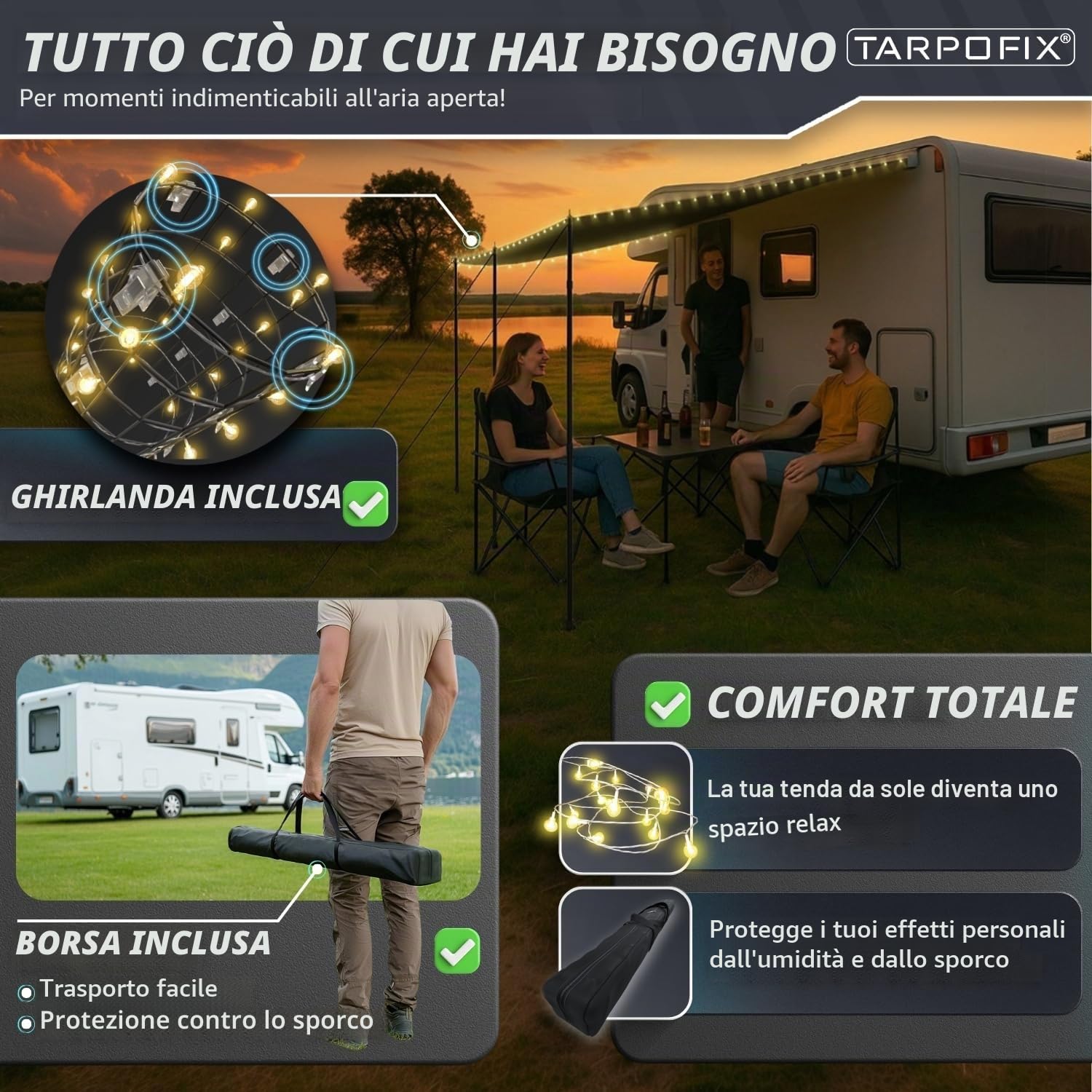 Tarpofix® Tendalino Camper con Keder 4 x 2,4 m | Tetto Parasole PU 6000mm Impermeabile per Profilo Keder | Tettoia Protezione Solare & UV 60+ per Campeggio | Telo Veranda per Roulotte & Caravan Tarp