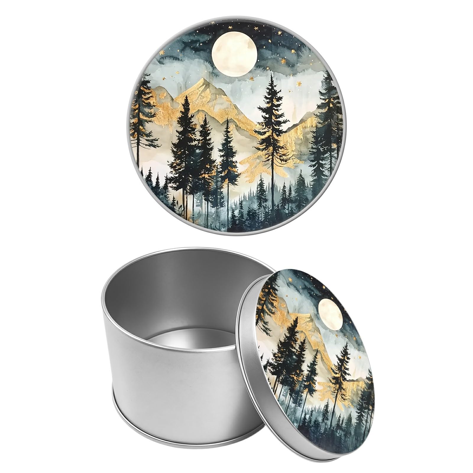 Round Metal Tin Container with Removable Lid, Landscape Moon Durable Metal Storage Box for Cookies Spices Tea Candies Cakes Jewelry Cosmetics 3.54 x 2.36 inch– Single Pack