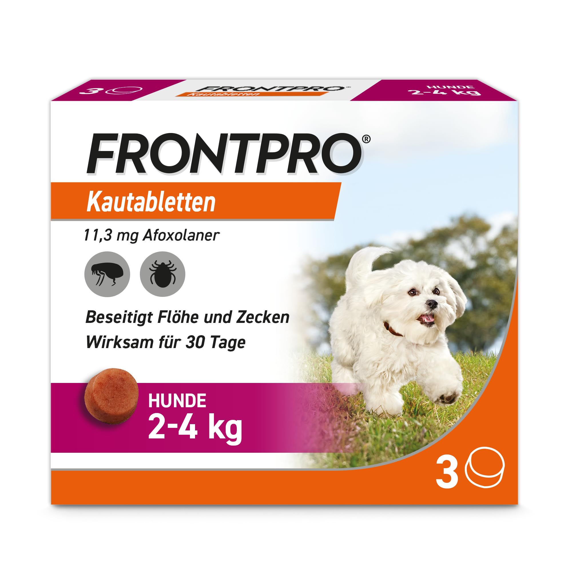 FRONTPRO Hund S - Kautablette gegen Zecken & Flöhe (kleine Hunde 2 bis 4 kg) - 3X Kautabletten für 3 Monate Zecken- und Flohschutz