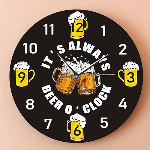 Miniatura 2 de Reloj de pared de 12 pulgadas con texto en inglés "It's Always Beer O'Clock Drinking Stein", reloj de pared de cuarzo silencioso Mancave Pub Bar
