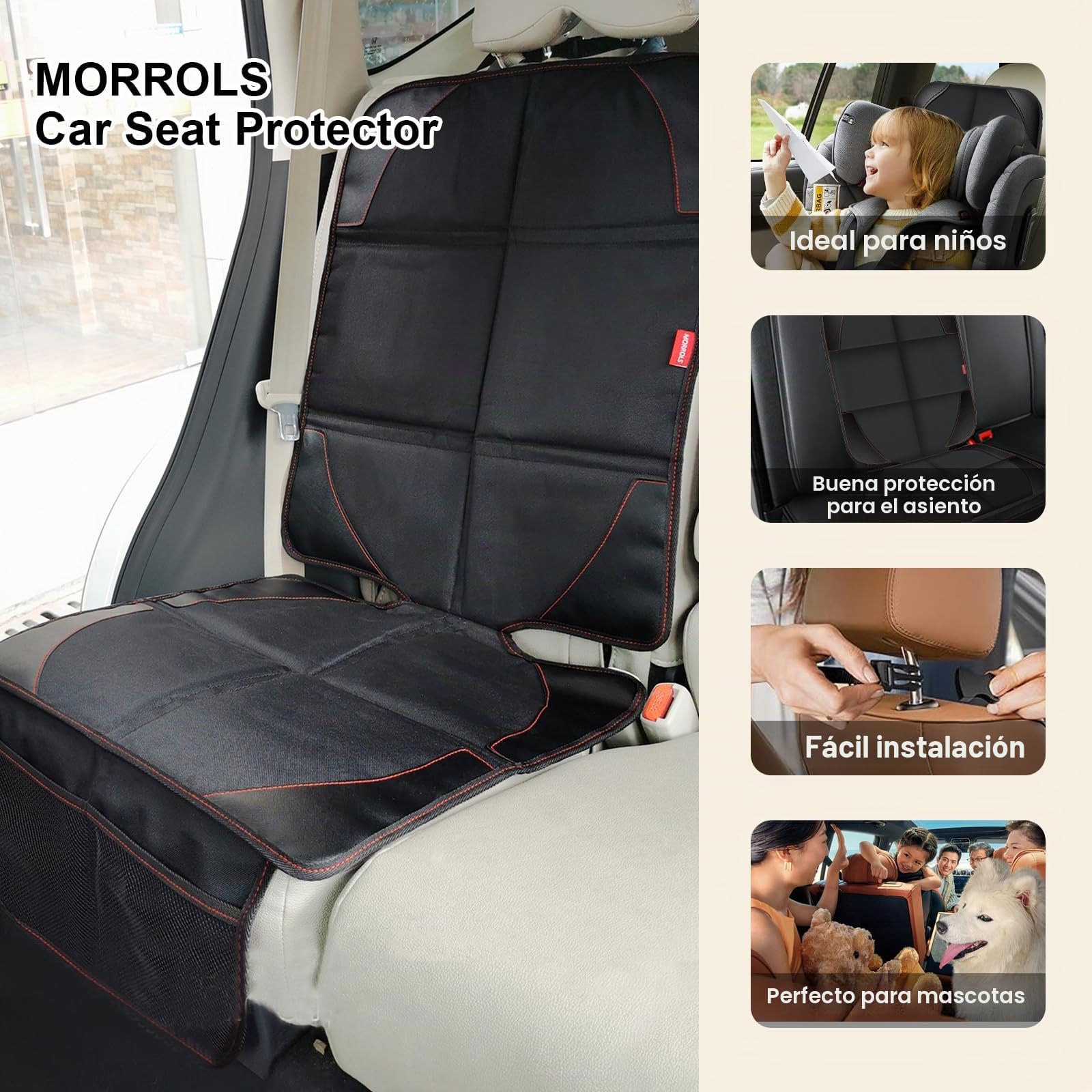 MORROLS Protector de Asiento de Coche para niños, 1 Paquete de Protectores de Asiento de Cuero Impermeables con Fondo Antideslizante, Bolsillos Grandes de Malla de Cuero y Tela, para SUV, sedán,