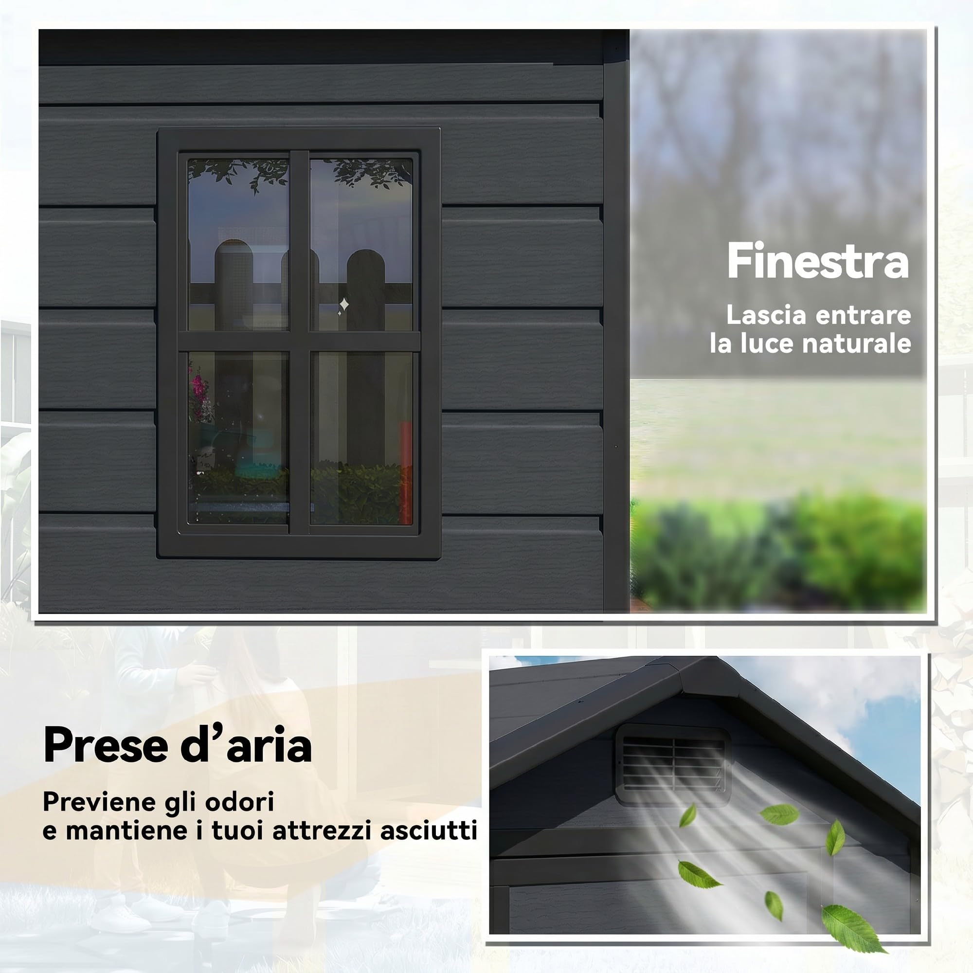 Outsunny Casetta da Giardino 1.09m² in PP con Pavimento Grigio Scuro