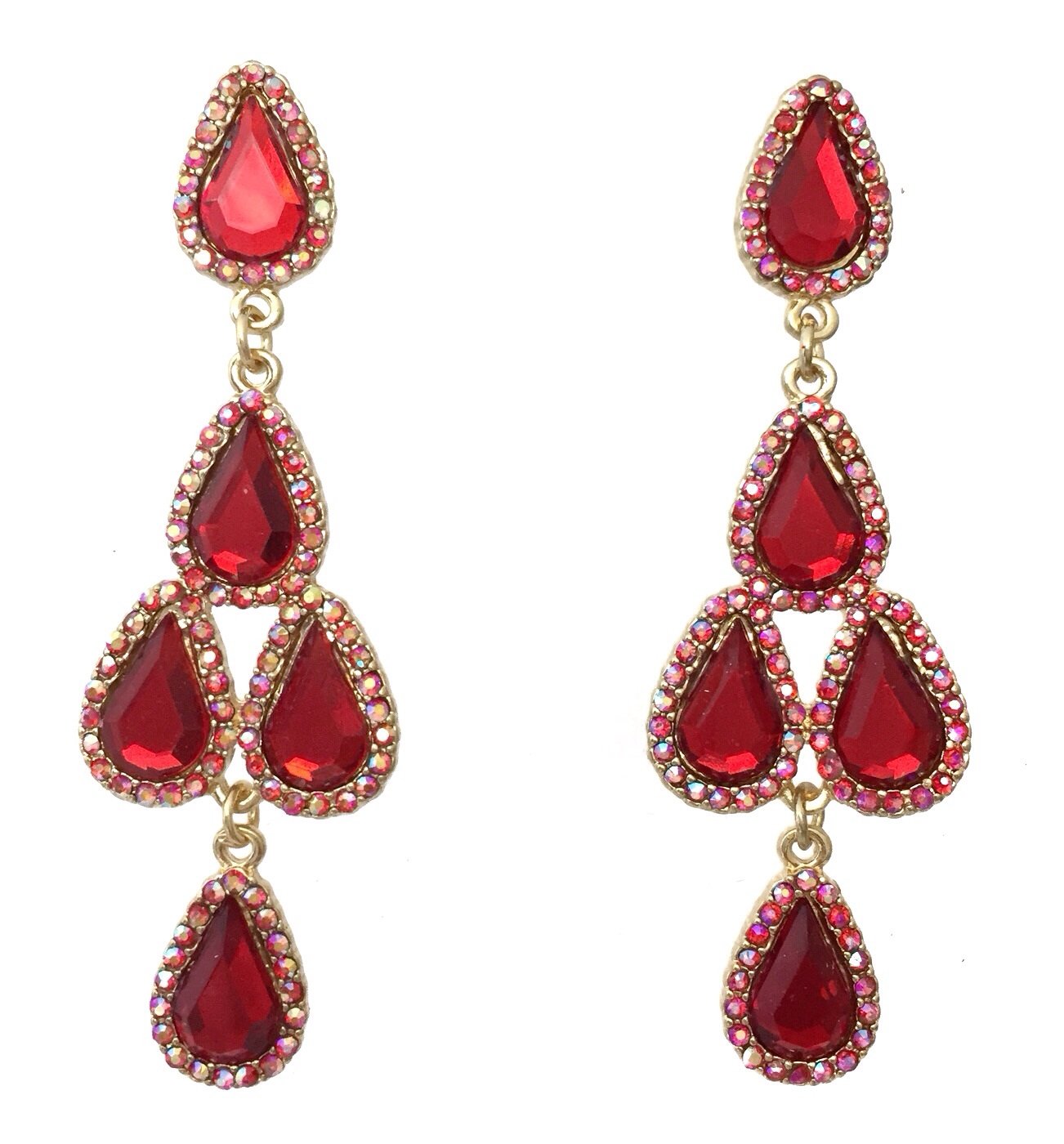 AB Rhinestone Prom Formal Teardrop Cluster Dangle Gold Tone Earrings