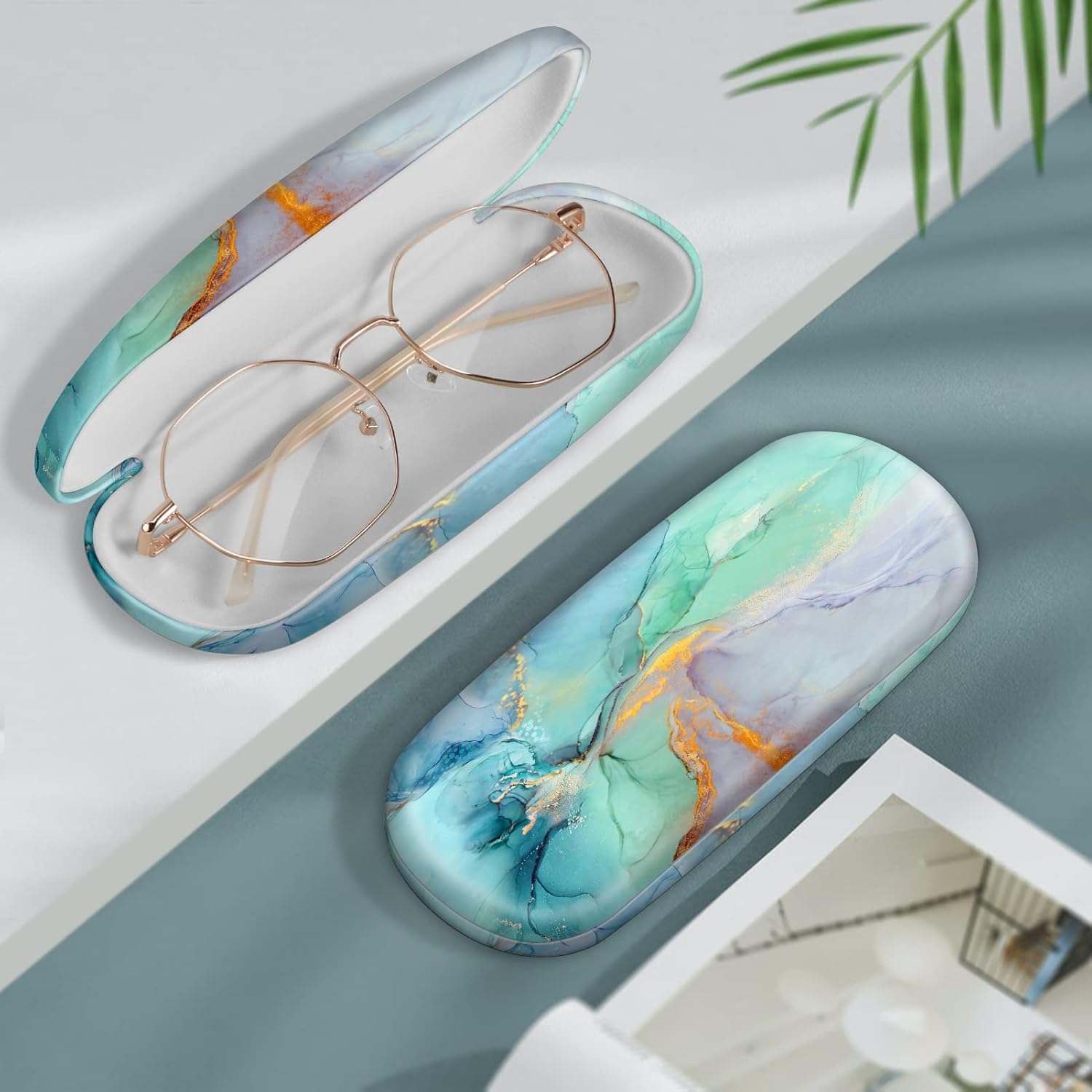Fintie Hard Shell Eyeglasses Case, Portable Protective Glasses Cover Eyeglass Holder Box with Cleaning Cloth for Men Women, Emerald Marble at  Men’s Clothing store