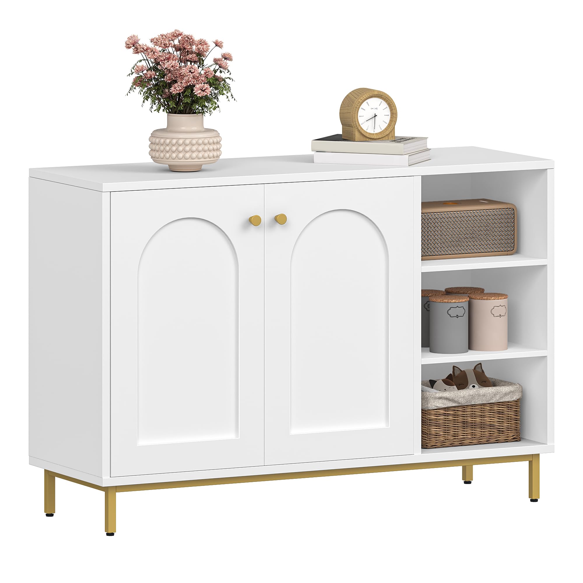 Hzuaneri Mobile da Bagno, Armadietto Autoportante, con 3 Ripiani Aperti Regolabili e 2 ante, Grande Capacità di Stoccaggio, per Bagno, Soggiorno, Ingresso, Cucina, Bianco-Oro SC10203G