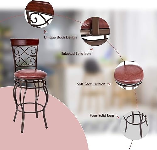 Miniatura 6 de GLACER Juego de 2 taburetes de bar, estilo retro, de altura de barra giratoria de 360 grados con asiento acolchado de cuero, cómoda silla de metal