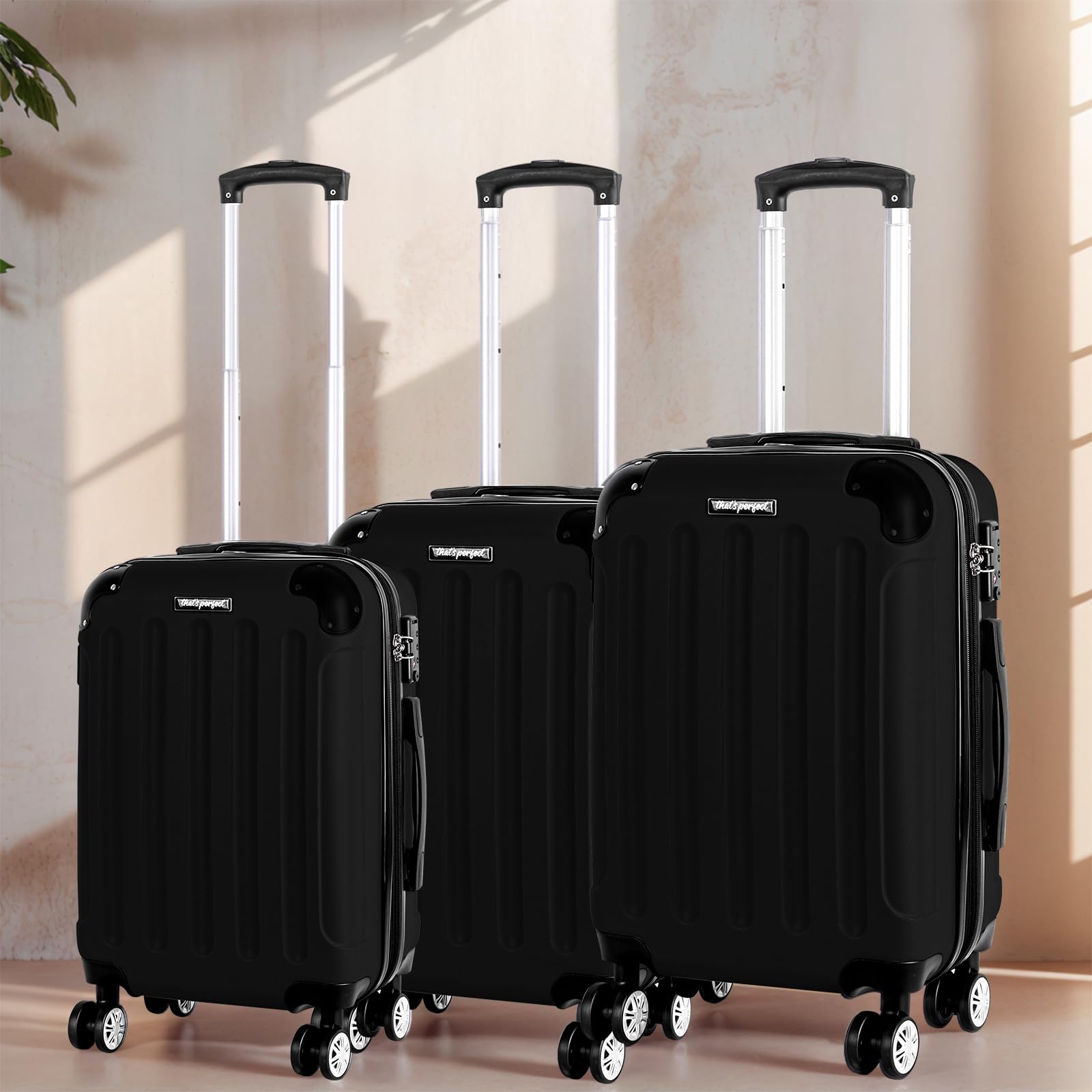 Juego de 3 maletas rígidas de ABS, cerradura TSA, capacidad ampliable - en M, L, XL - protección de esquinas, ruedas dobles giratorias 360° y asa telescópica, aptas para equipaje de mano y apilables