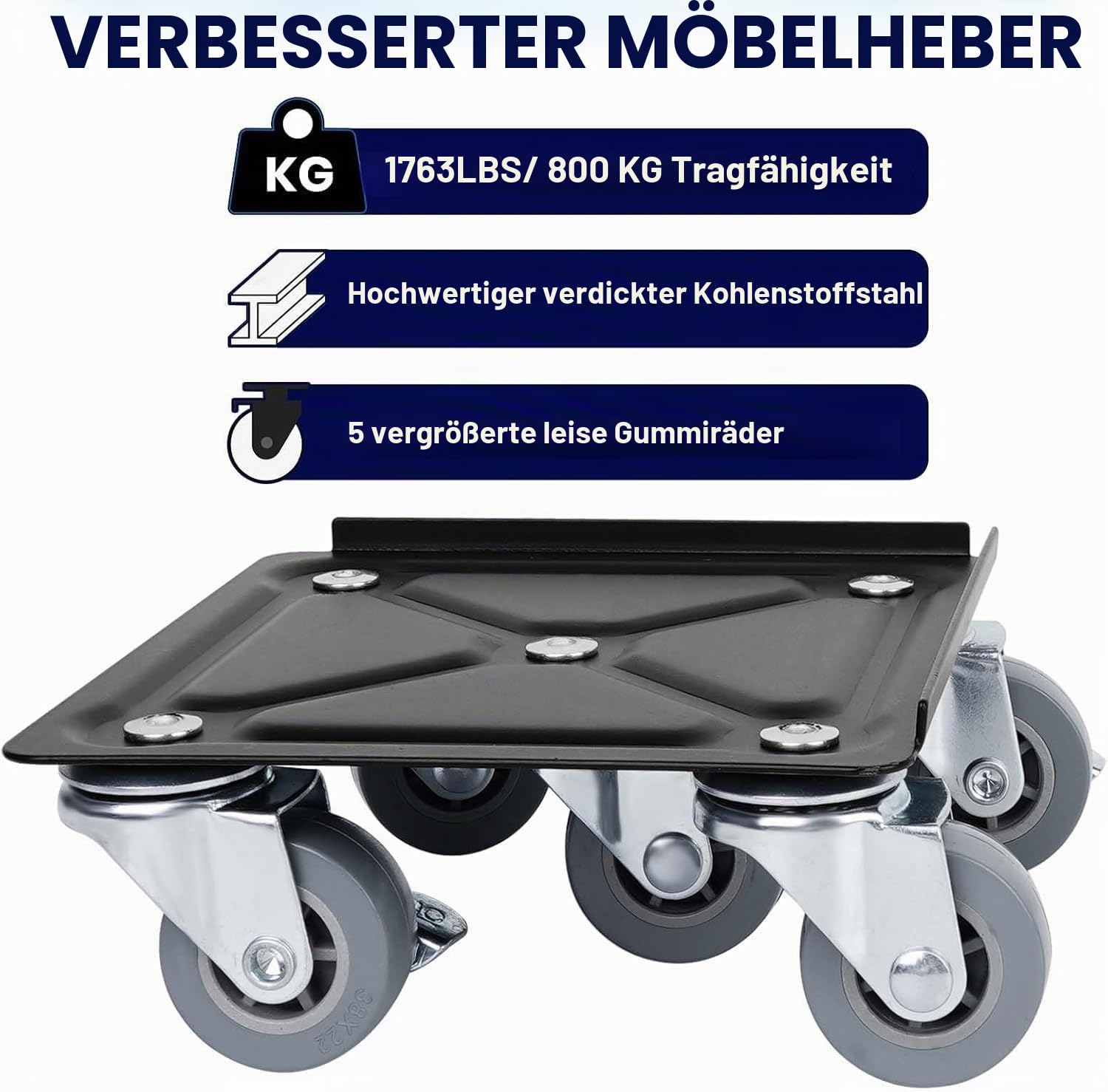 Möbeltransportrollen Set, 4 Stück mit 5 Rädern, 360° Drehbar, Lastenheber, Tragfähigkeit bis 800KG - Möbelroller für Schwere Möbel und Umzug
