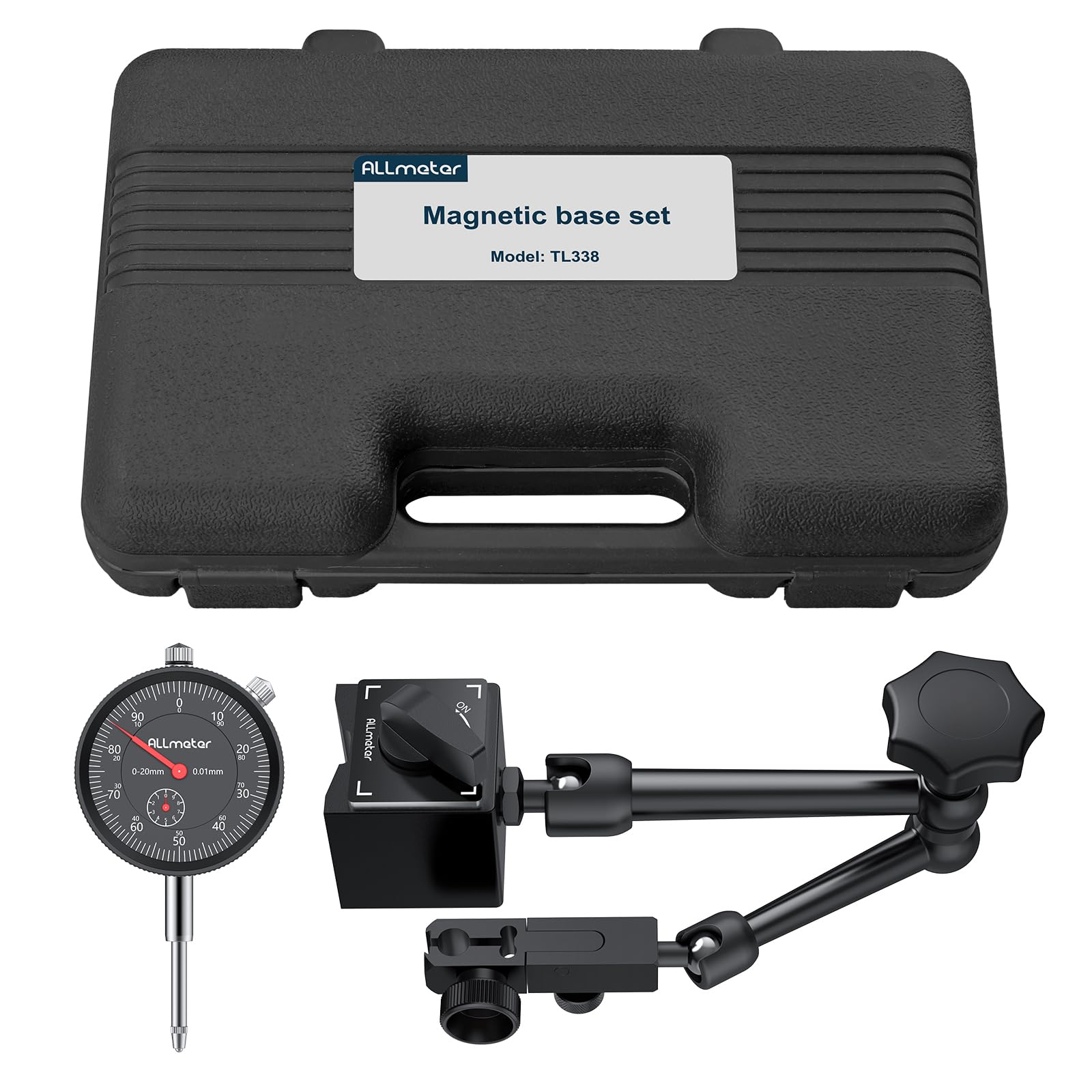 Comparatore Centesimale 0-20mm con Base Magnetica 60kg, Indicatore Meccanico di Precisione 0.01mm, Supporto Regolabile a 3 Snodi per Tornio Fresatrice Allineamento Misure Officina Meccanica