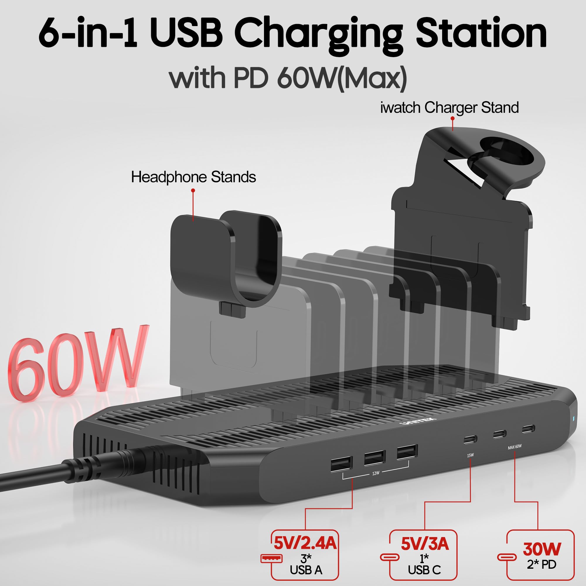 Unitek USB C Charging Station for Multiple Devices Apple, 96W 6 Port Charging Dock with Type-C PD 60W & USB-C, Fast Charging Stand with Smartwatch & Airpods Holder for iPhone, iPad, Tablet, MacBook