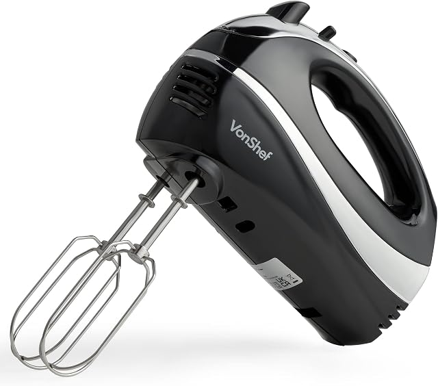 VonShef Hand Mixer Electric Whisk Food Mixer for Baking with 5 Speeds, 300W, 2 Stainless Steel Beaters, 2 Dough Hooks & Balloon Whisk, Easy Clean, Turbo Boost, Eject Button, Compact Black