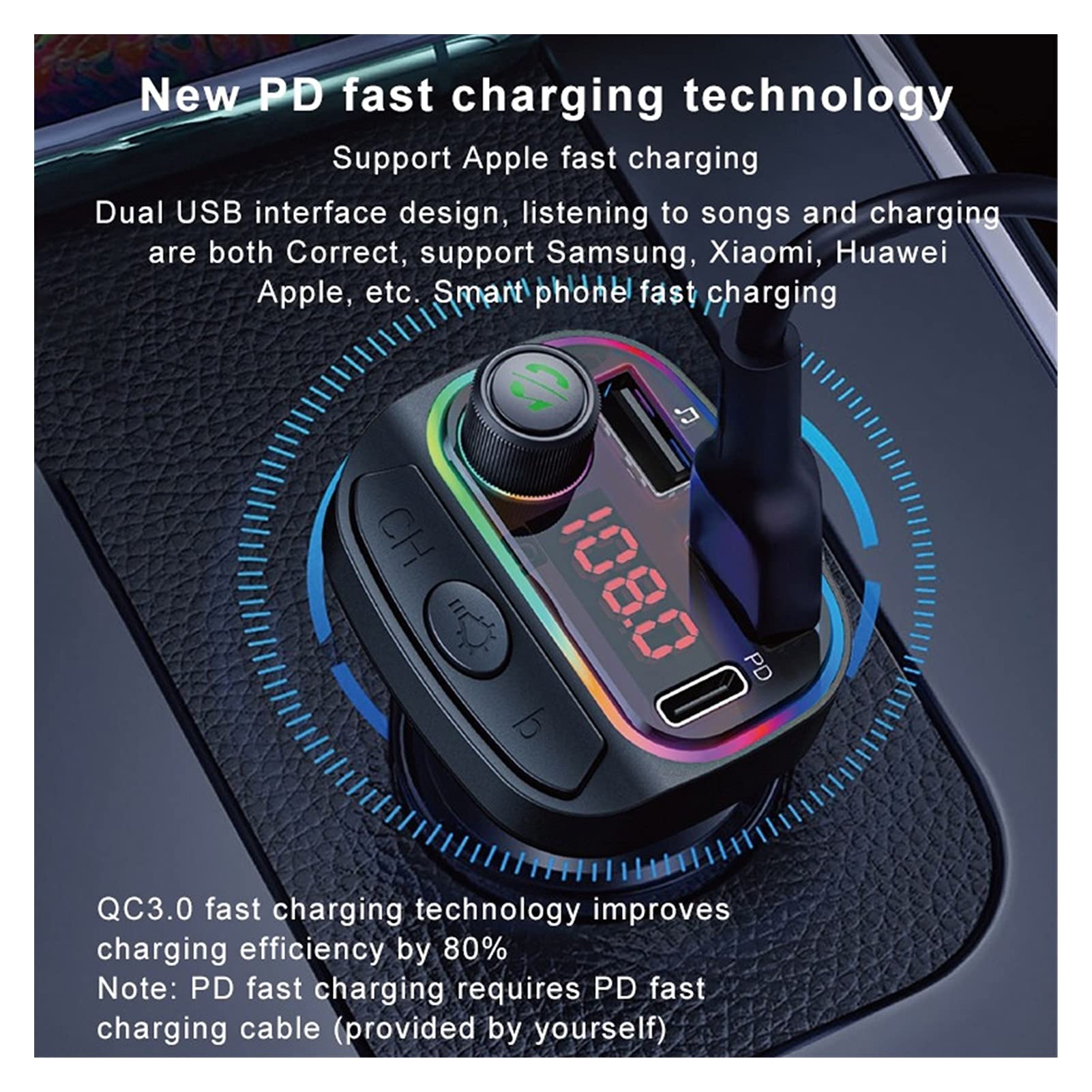 Adattatore Audio Bluetooth. Disco Disk Musica Viva Musica Bluetooth 5.0 FM. Trasmettitore Auto MP3. Player Dual. USB PD18W + QC3.0 Caricatore Veloce One Key Bass (Color Name : C14 QC3.0)