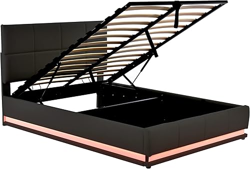 Miniatura 98 de Cama de plataforma flotante tamaño Queen con sensor de luz y cabecero, marco de cama moderno tapizado de terciopelo suave, no necesita somier