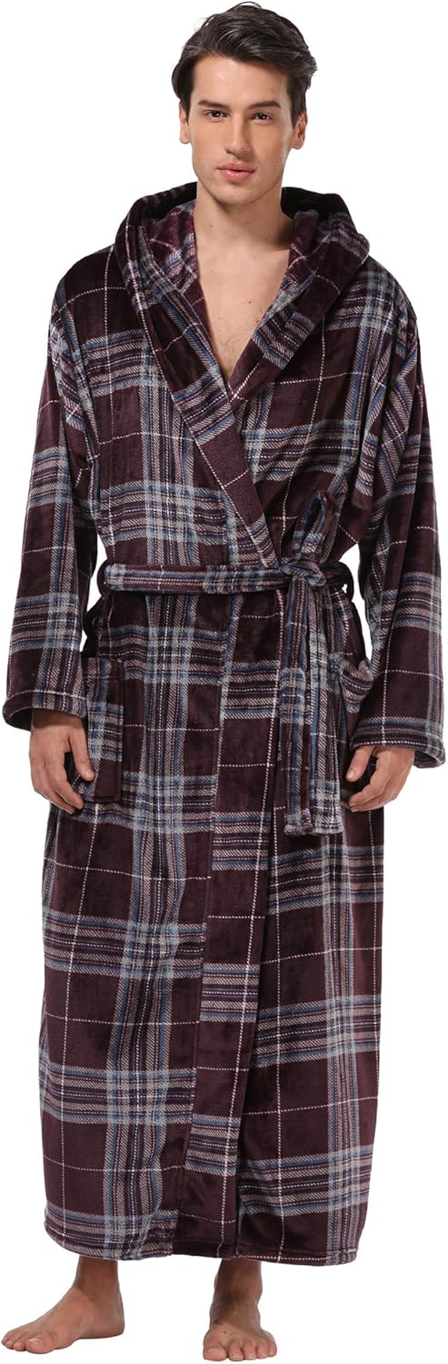Men's Plush Hooded Bathrobe Winter Warm Fleece Robes Soft Flannel Long Robes with Pockets, Full Length - Image 2