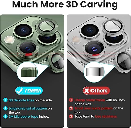 Miniatura 3 de Tensea Protector de lente de cámara para iPhone 13 Pro, iPhone 13 Pro Max, protector de pantalla de vidrio templado 9H, anillo individual de metal