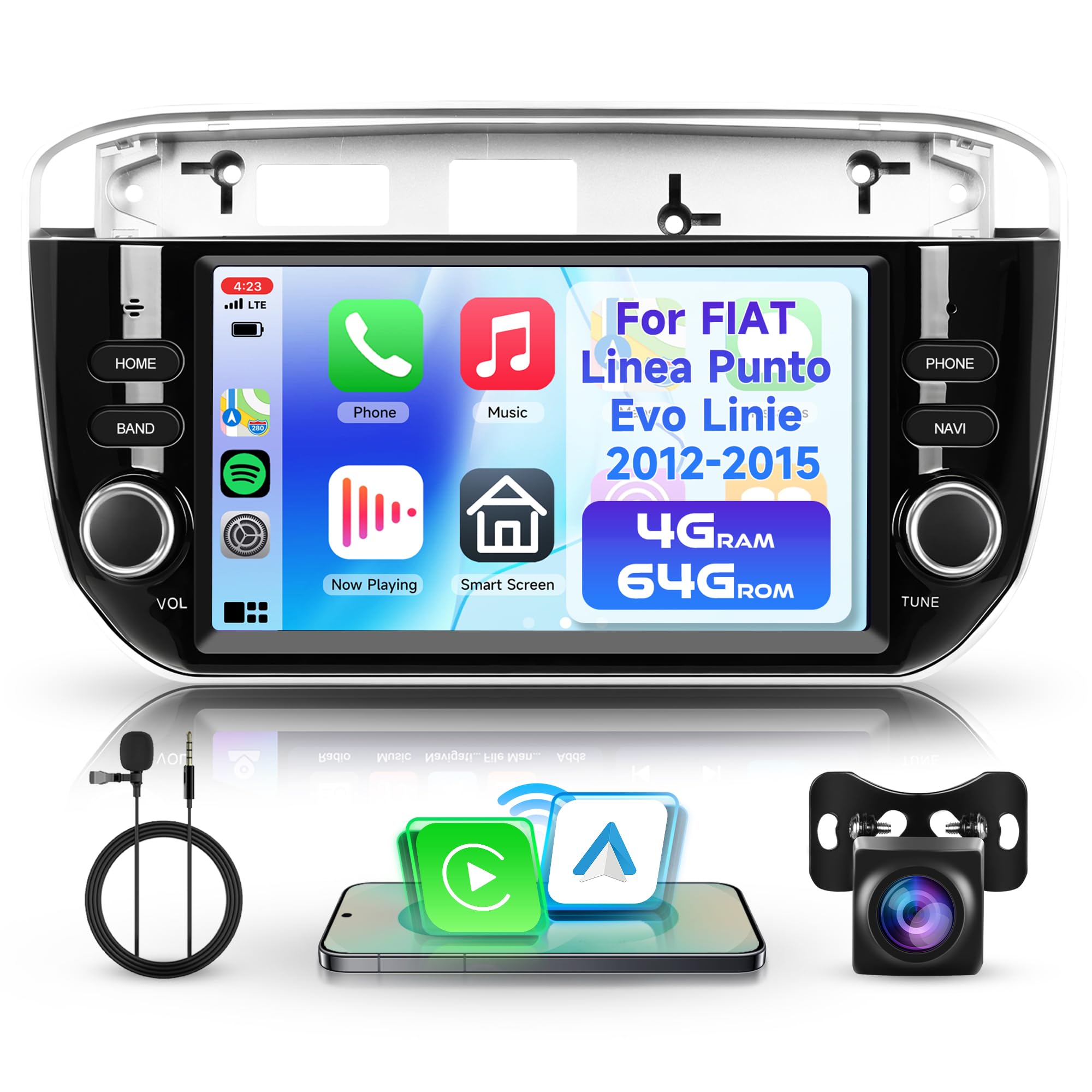 4G+64G Rimoody Android Autoradio per FIAT Linea Punto Evo 2012-2015 7 Pollici HD Stereo Auto con Wireless Carplay Android Auto Navi GPS Mirror Link Bluetooth WiFi/FM/RDS/EQ/SWC Telecamera Posteriore