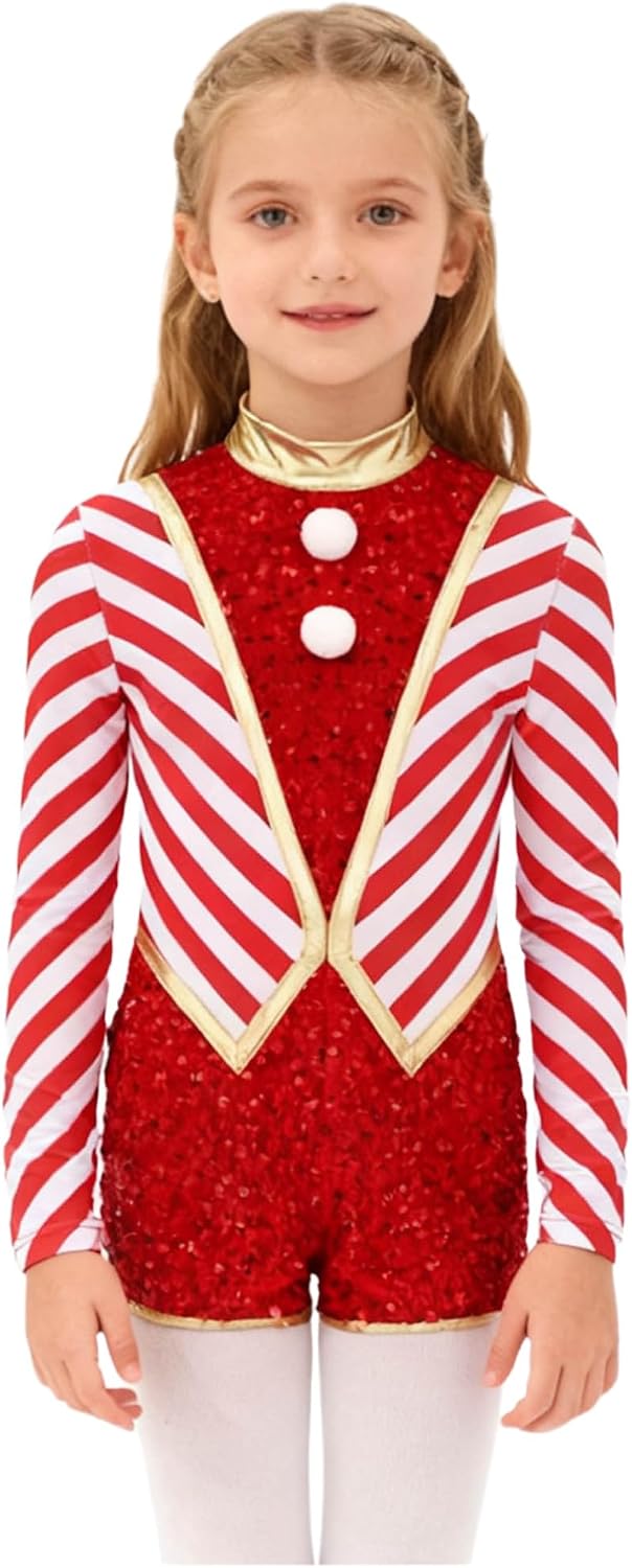 YiZYiF Girls Sequin Candy Cane Striped Christmas Dance Unitard Long Sleeve Dancing Skating Leotard Performance Bodysuit