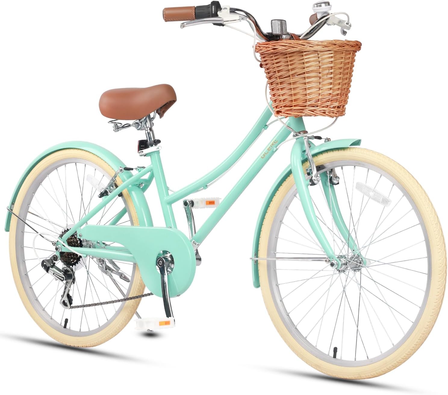 Glerc 20 24 26 Inch Beach Cruiser Bike, 6-Speed Hybrid City Bicycle for Girls Youth and Over 6 Years Old, Missy Bike with Wicker Basket &