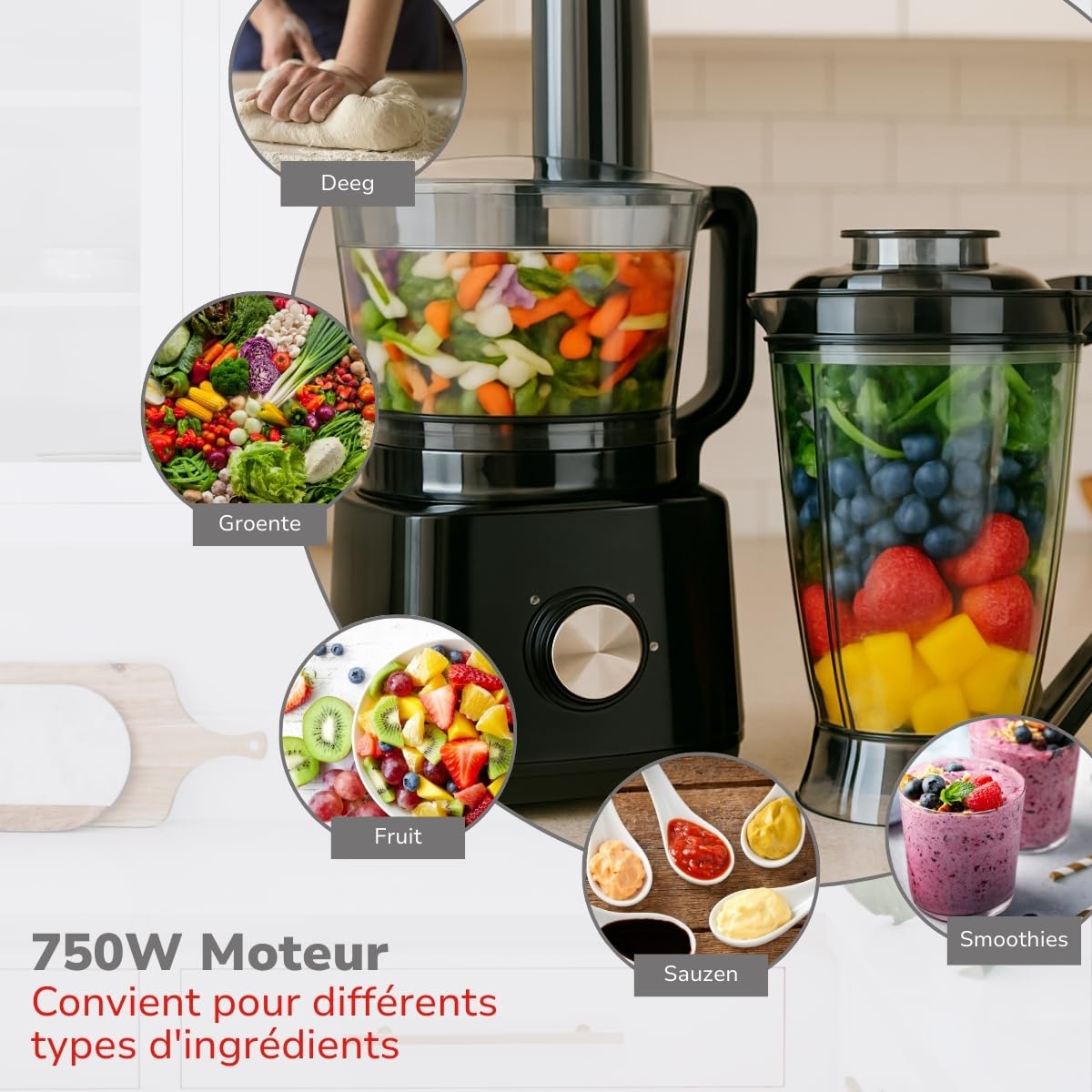 alpina Robot Cuisine FP413GS - Blender Smoothie 1.8L - Robot Multifonctions avec Lames et Râpes - Hachoir Électrique et Pétrin - 750W - Noir